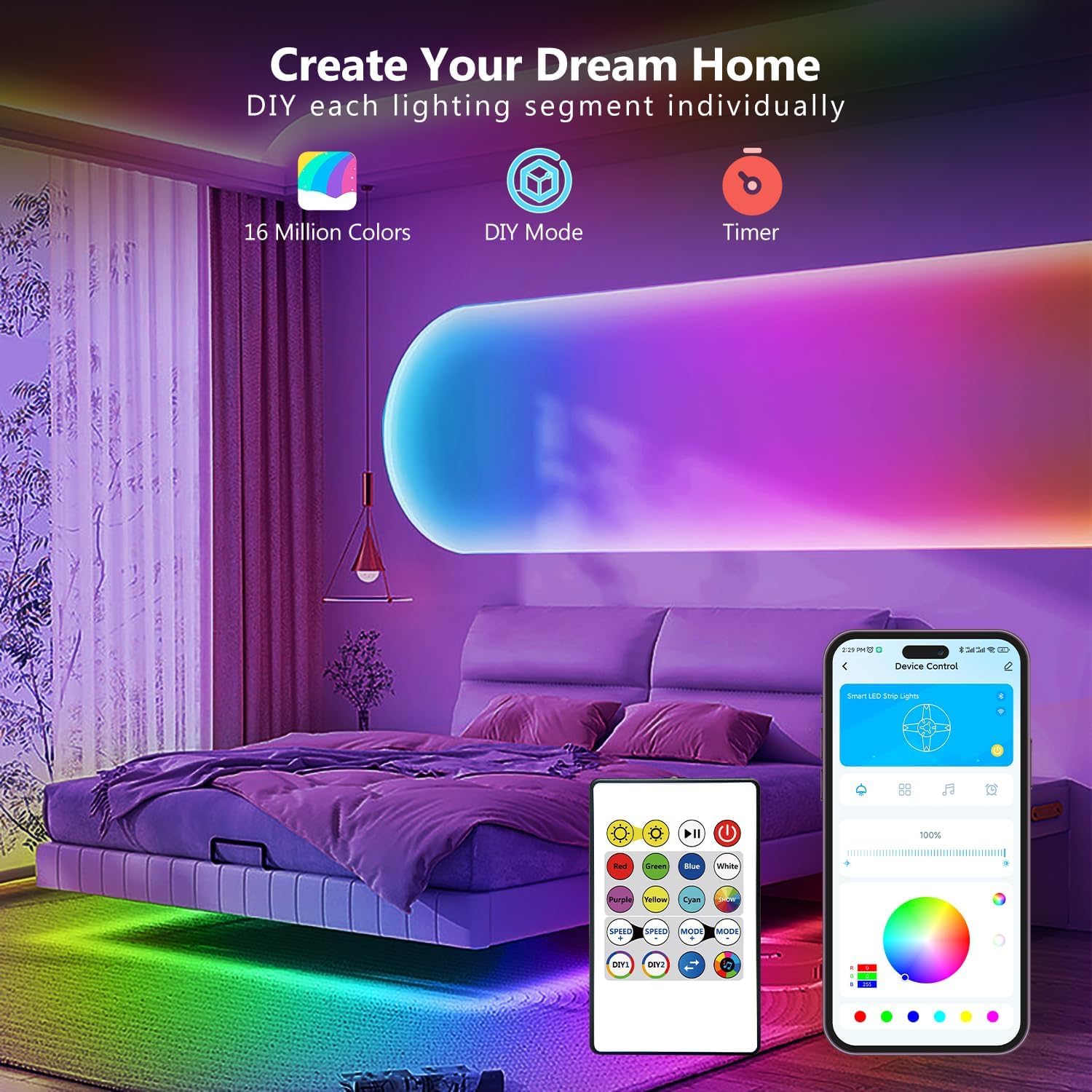 GUPUP Factory Tira de luces LED COB RGB de 16,4 pies, kit de luces de cinta que cambian de color inteligente con control remoto, control de aplicación y modo de música, tira de iluminación flexible pa