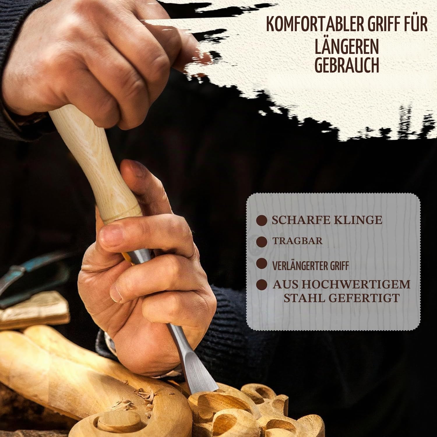 12-teiliges Holzschneidewerkzeug-Set aus 60Cr-V-Stahlklingen & hochwertiger Holz-Geschenkbox – Stecheisen-Set für Holzbearbeitung, geeignet für Anfänger und Profis