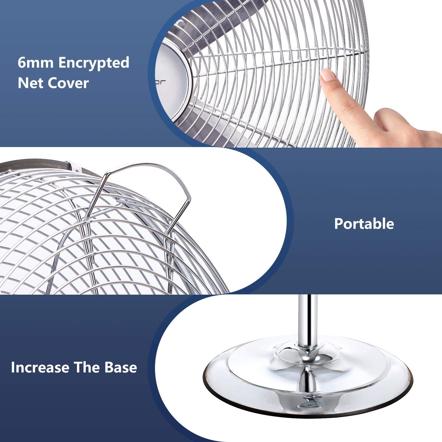 Aigostar Emery- Ventilatore acciaio, Ventilatore a piantana con oscillazione a 90°, altezza regolabile, 3 velocità, 60 W, 40 cm, maniglia per trasporto, griglia di sicurezza per bambini.