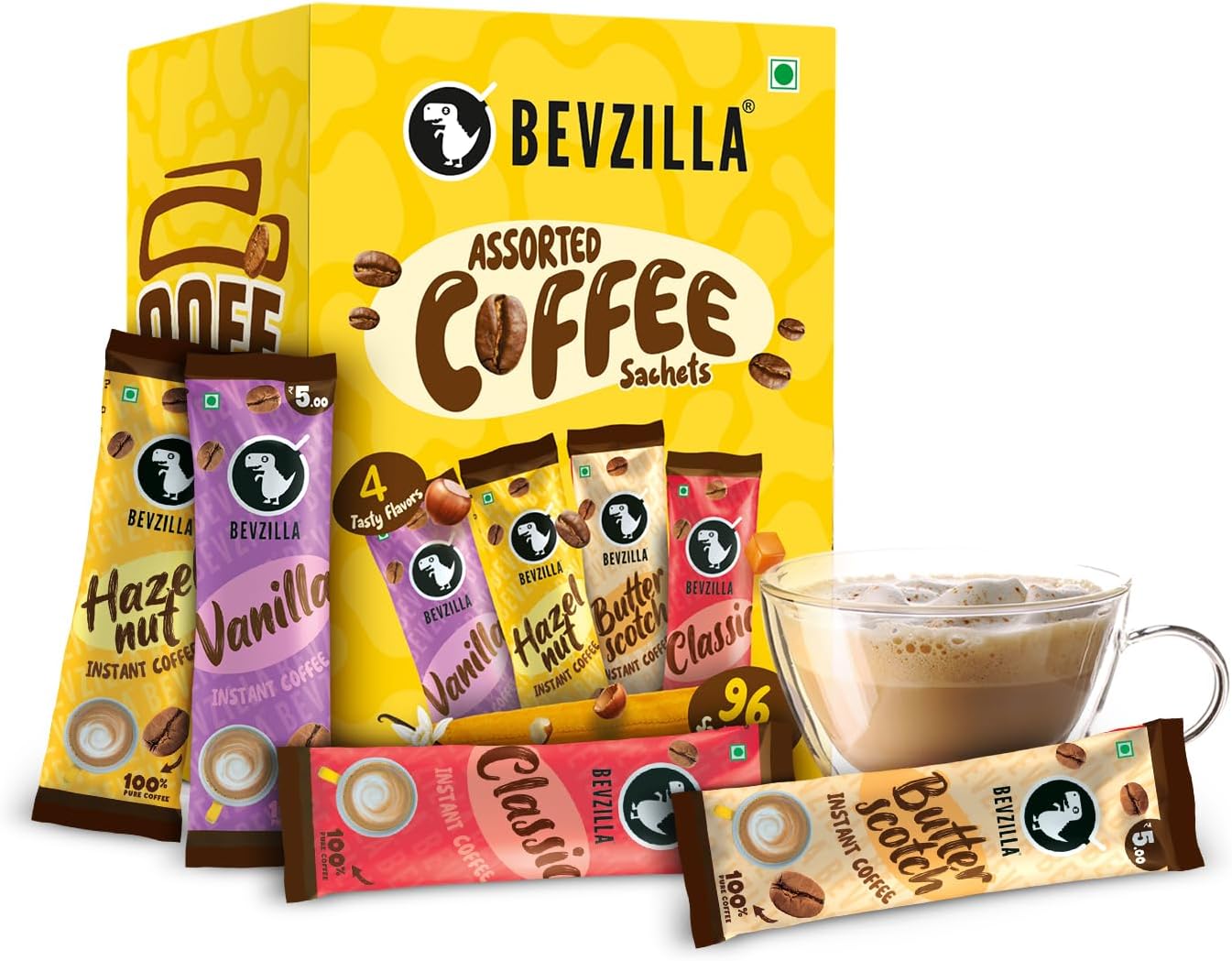 96 Instant Coffee Sachets (4 Flavours) – 192g | Hazelnut, Classic, Vanilla & Butterscotch | 24 sachets each | Arabica Coffee | For espresso, latte, cappuccino | Hot & cold brews
