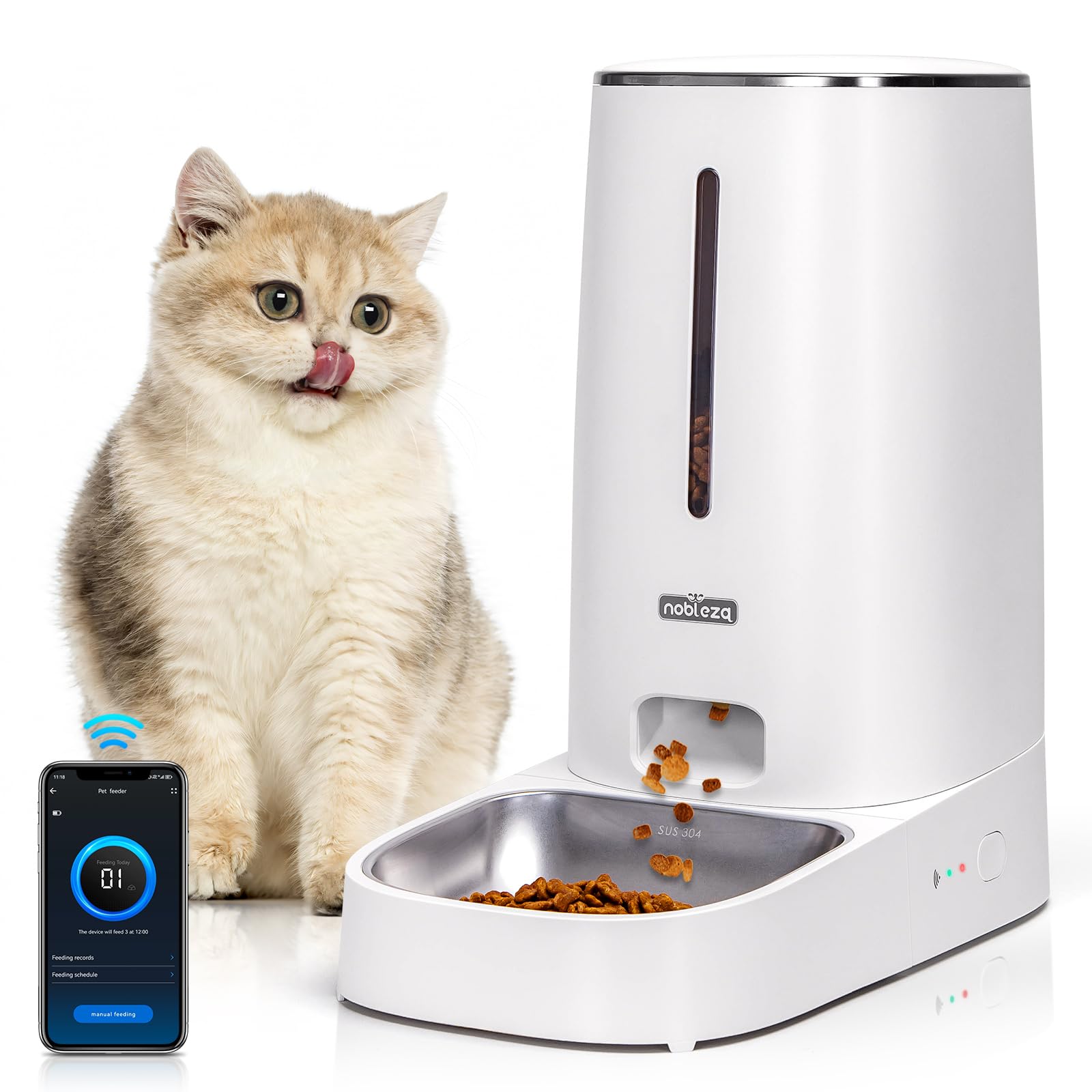 Nobleza - Distributore Automatico di Cibo per Gatti Cani, 2.4G WiFi Dispenser Crocchette Cibo Cani Automatico, 4L Dispenser Cibo Gatti con Timer, Registrazione di 10S, 1-10 Pasti al Giorno