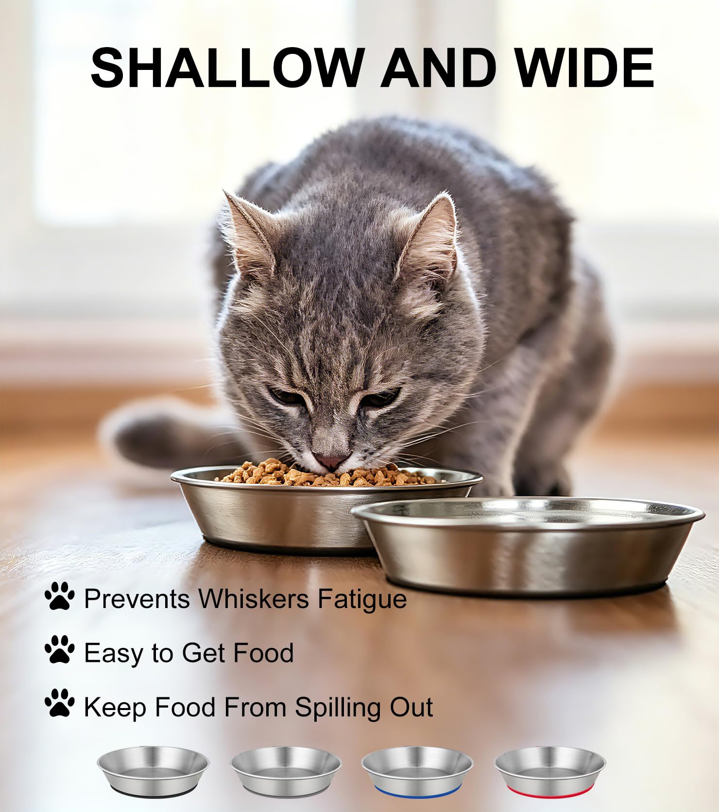 Cuencos de acero inoxidable para gatos de 1.7 tazas (414 ml) para alimentos y agua, platos inferiores de silicona antideslizante, para gatos o perros pequeños, paquete de 2