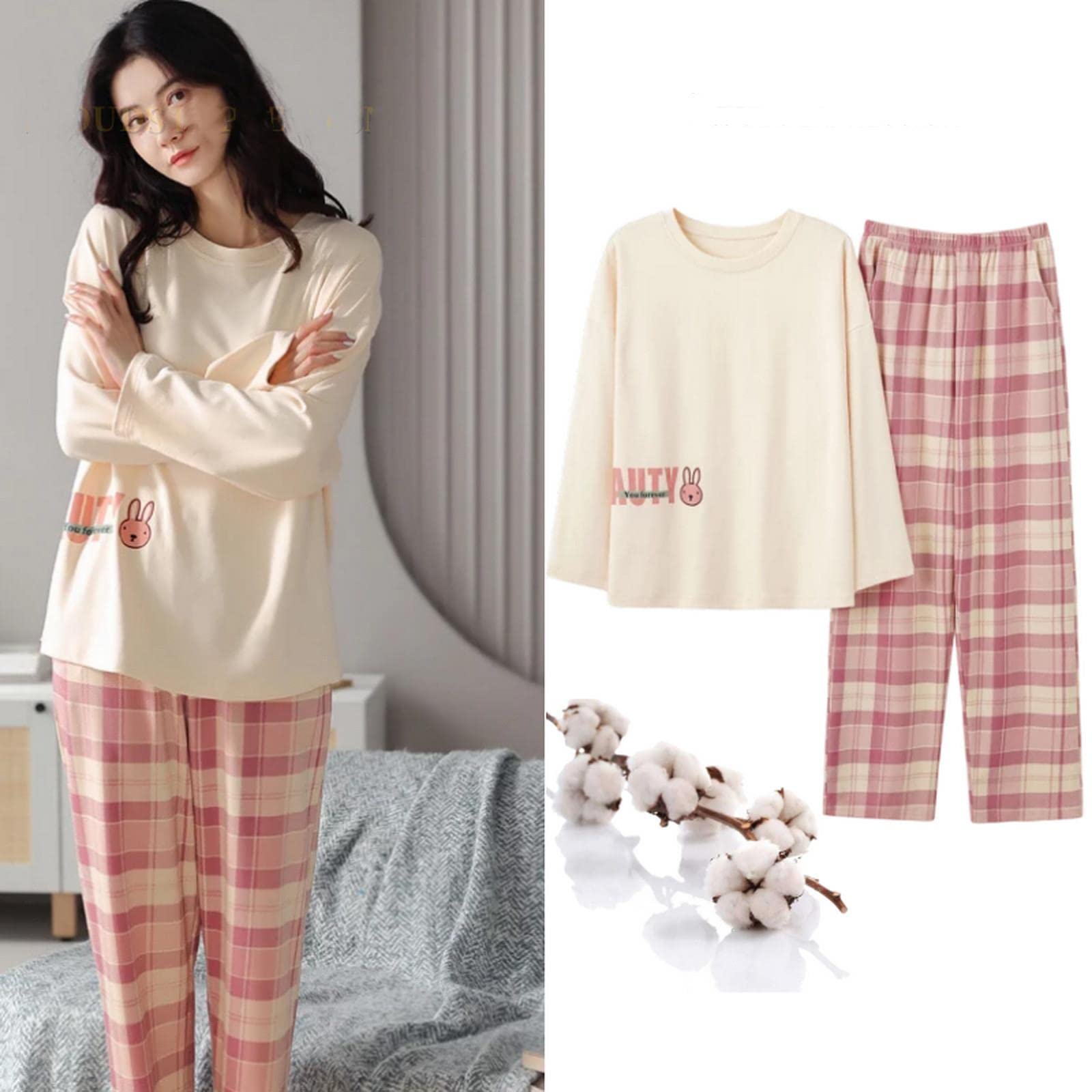 MOGSA Pijama de algodón para mujer, conjunto de pijama con estampado de lunares, ropa de dormir para parejas, ropa de dormir para el hogar