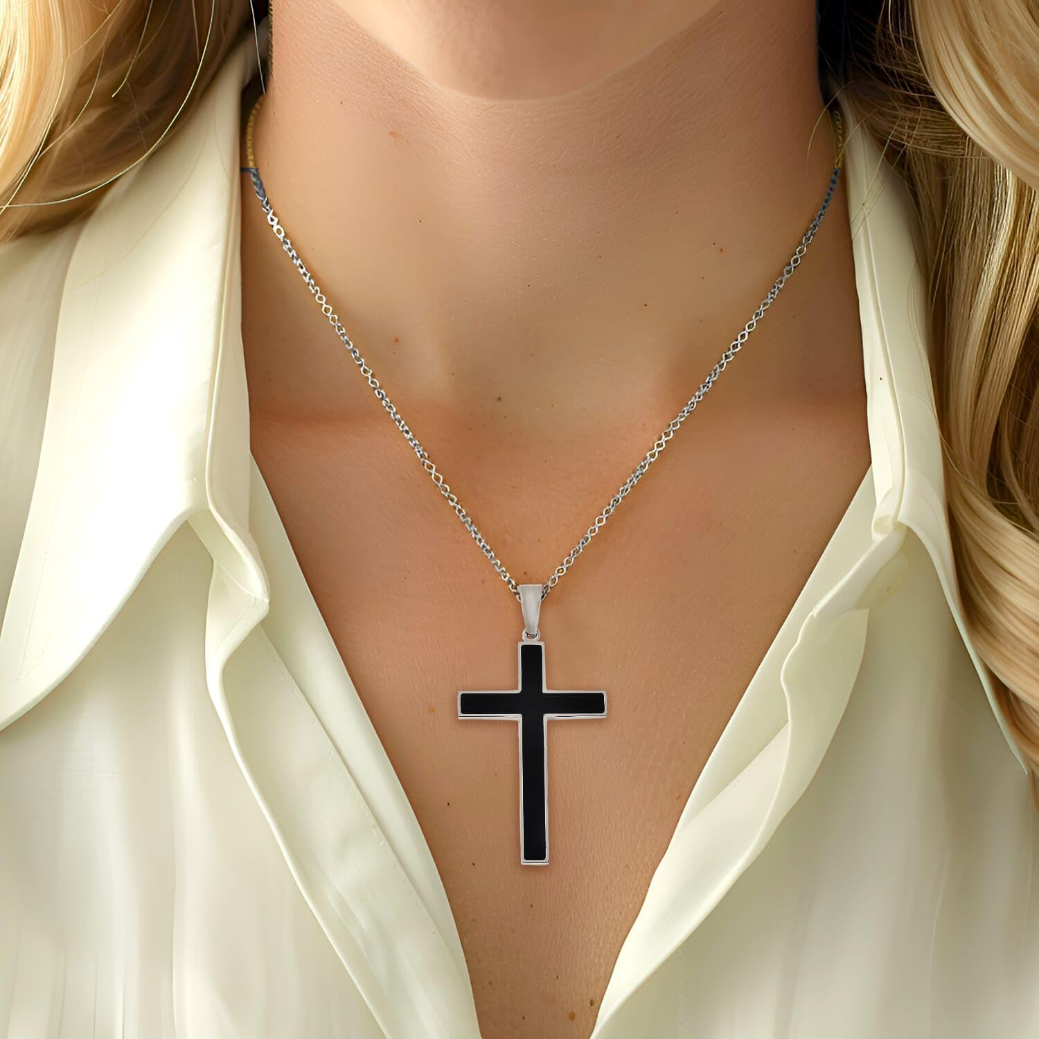 SHOP LC DELIVERING JOY Healing Pain Relief Black Shungite Inlay Cross Pendant Necklace size 24" Stainless Steel Catholic Faith Christian Religious Birthday Jewelry Birthday Christmas Gifts for Women