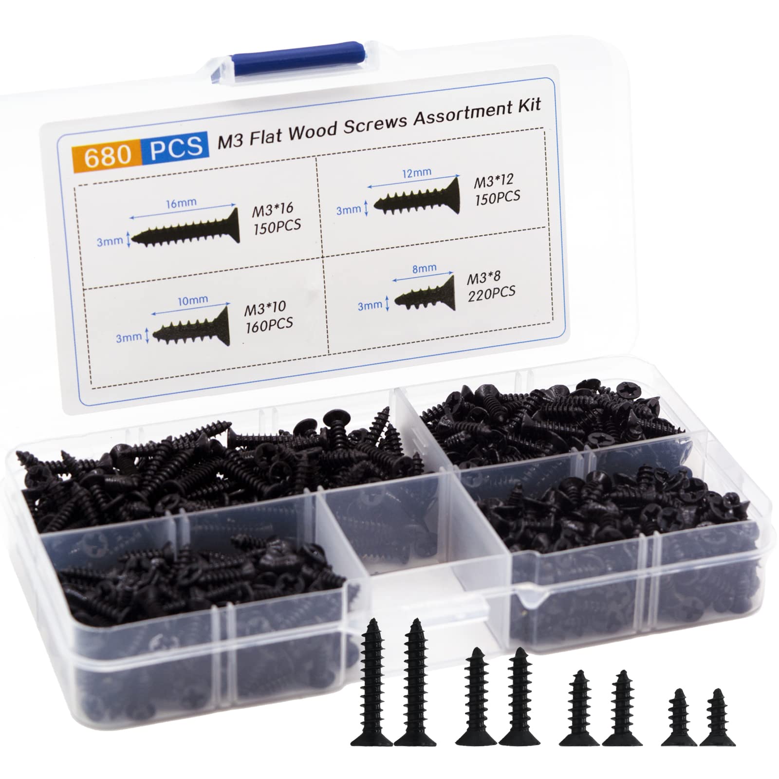 M3 Phillips Wood Screws, Countersunk Head Self Tapping Cross Screws Assortment Repair Tool Kit with Plastic Storage Box，4 Popular Sizes Flat Head Screws for Dig or Wood Working Projects, (680PCS)