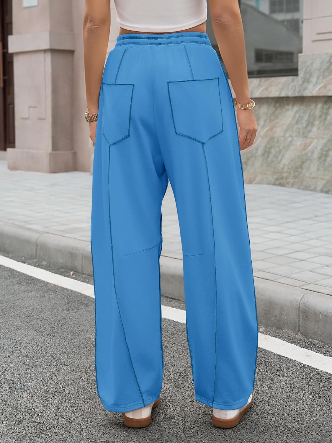 Aoysky Womens Baggy Wide Leg Pants Barrel Casual Drawstring Elastic Waist Contrast Stitch Workout Sweat Pants with Pockets - Image 5