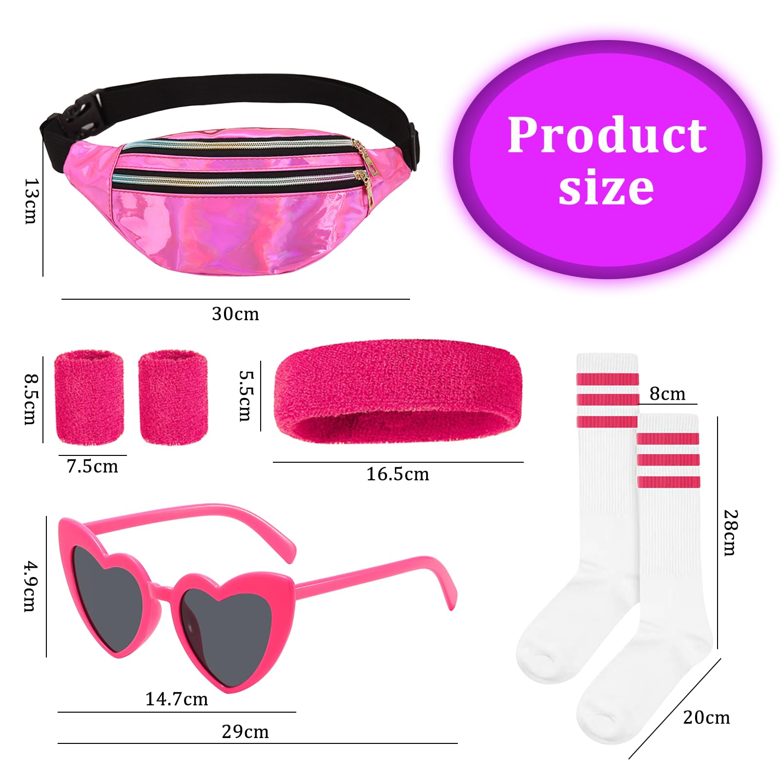 CONNECTION 80s Fancy Dress for Women Girls 7Pcs Ladies 80s Accessories 80s 90s Outfits for Women with Neon Headband Sunglasses Wristbands Sock Bum Bag for Retro Theme Hen Do Party Carnival (Rose Red) - Image 2