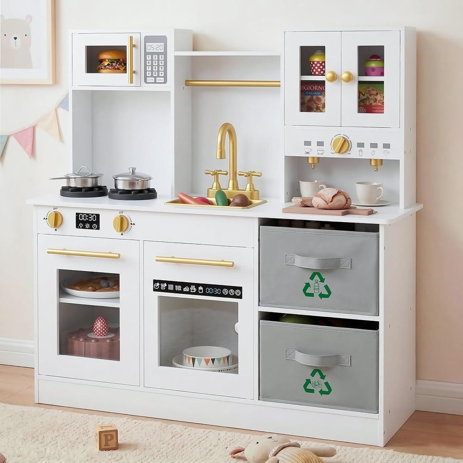 INFANS Kids Kitchen Play Set, Wooden Pretend Play Kitchen with Realistic Lights Sounds Coffee Maker Dishwasher Microwave Oven Foldable Fabric Drawers, Toddler Cooking Toys for Boys Girls