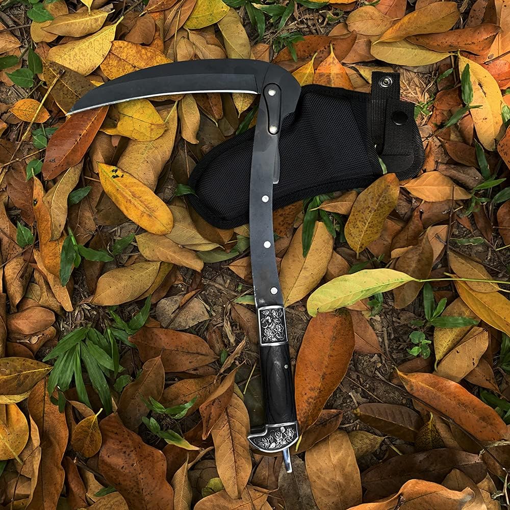 All-Black Sharp Edge Folding Scythe with Wooden Handle - Two Section Safety Sickle Knife for Grass Scythe and Grass Sickle, Foldable Garden Tool with Sheath