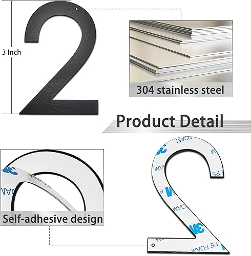 Miniatura 10 de Número de buzón de 3 pulgadas, números de casa modernos de acero inoxidable negro mate, números de puerta autoadhesivos para apartamentos y oficinas