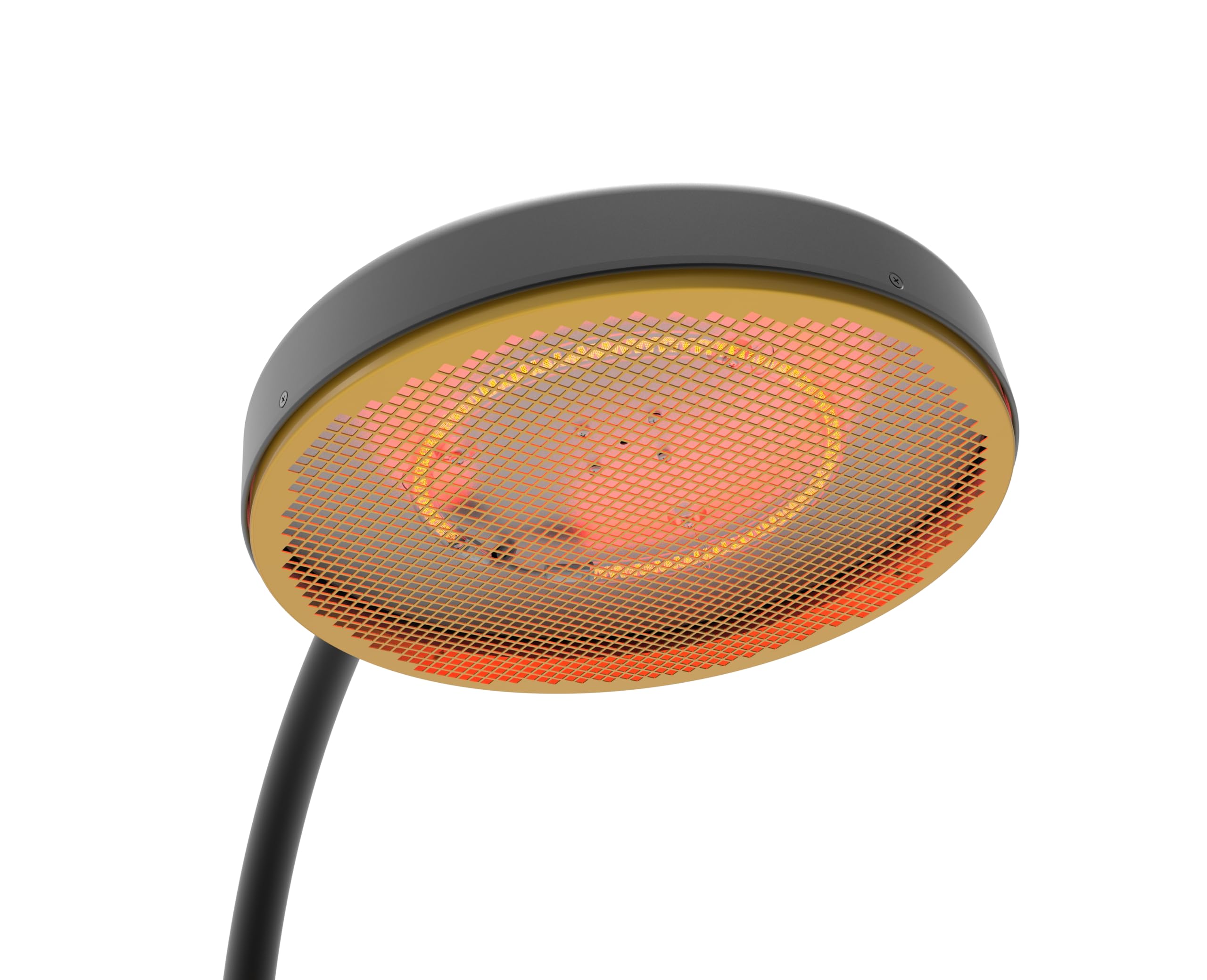 Elektryczny grzejnik stojący 2000 W – odporny na warunki atmosferyczne IP65, Ø 44 cm, wysokość 223 cm, elegancki czarno-złoty design, stabilna podstawa