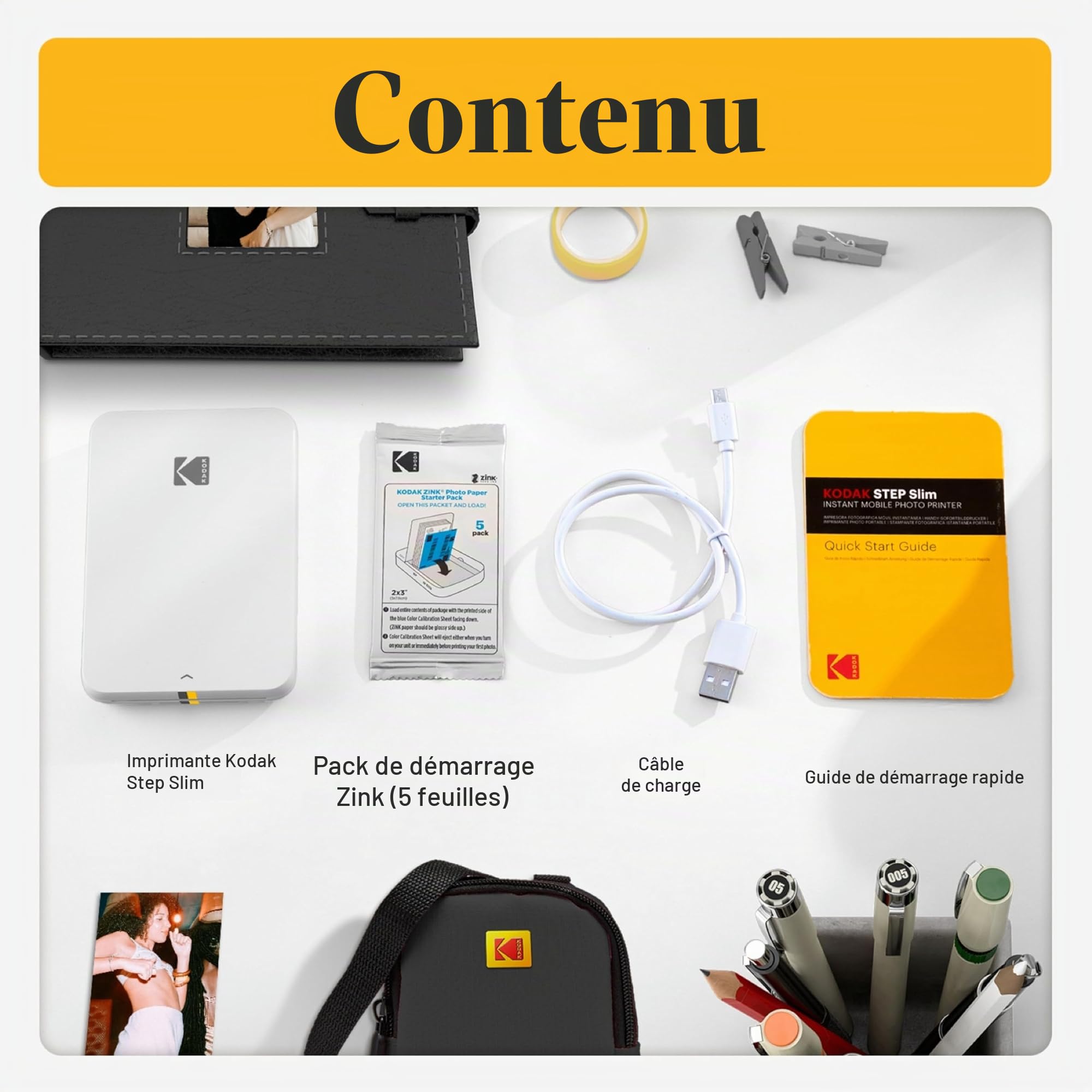 Kodak Step Slim Imprimante Photo Mobile instantanée - Kit : 20 Paquets de Papier Zinc, étui