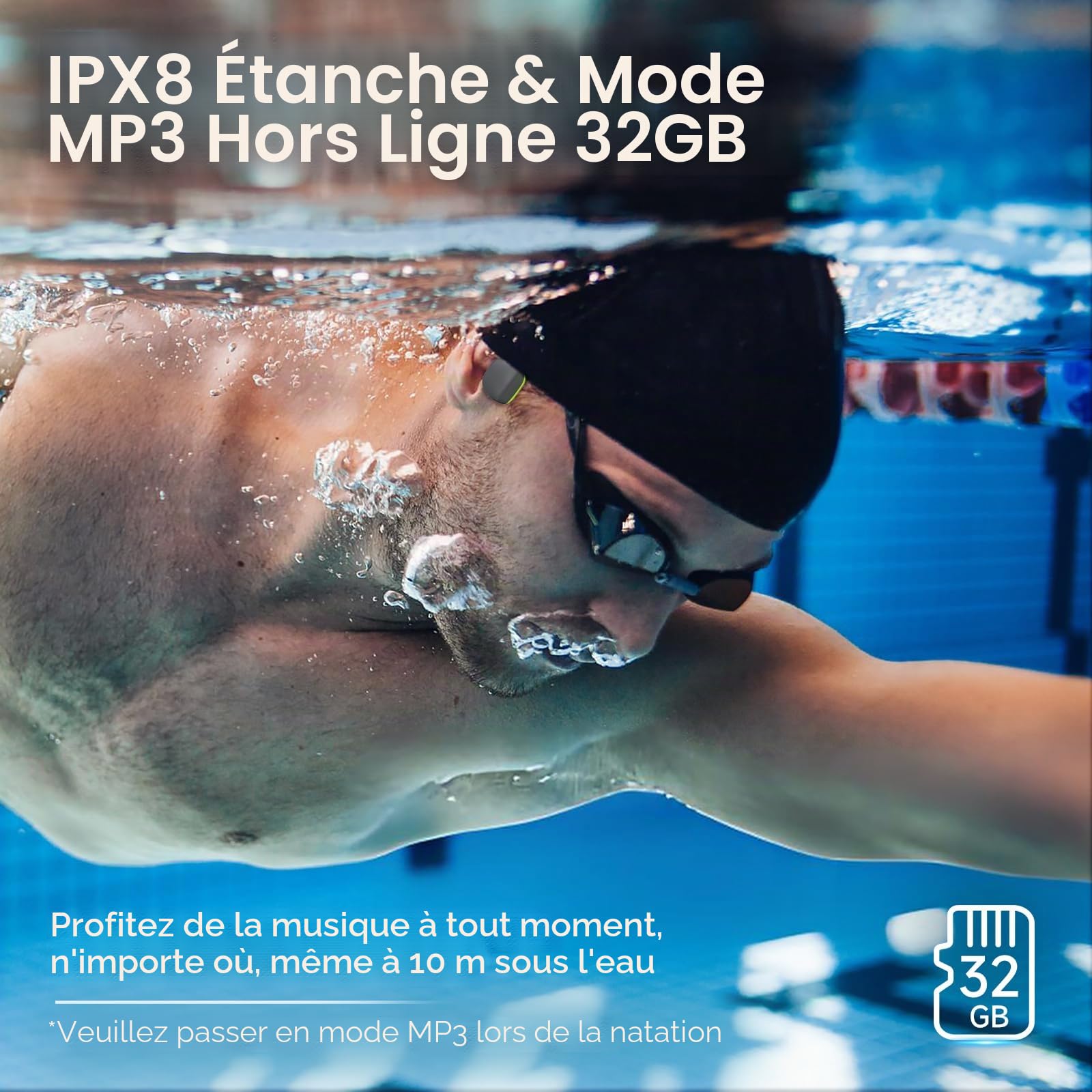 LOBKIN Écouteur pour Natation, Étanche IPX8 Casque à Conduction Osseuse Bluetooth 5.4 Oreille Ouverte Casque sans Fil avec Lecteur MP3 32 Go et Micro Intégré, 8H d'Autonomie