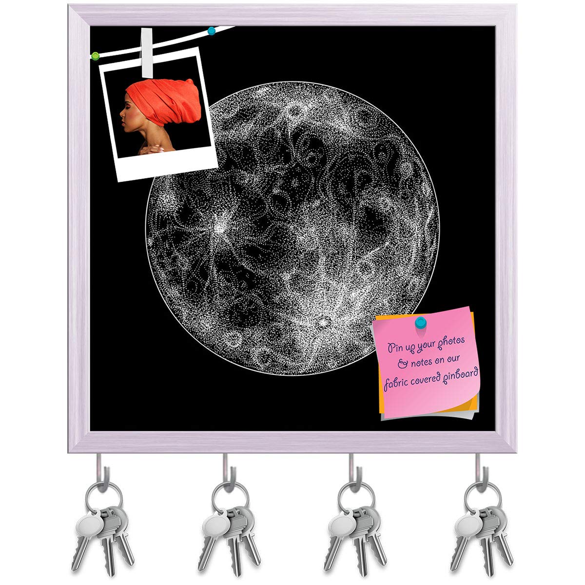 ArtzFolio Magical Full Moon Key Holder Hooks | Notice Pin Board | White Frame 8 X 8Inch