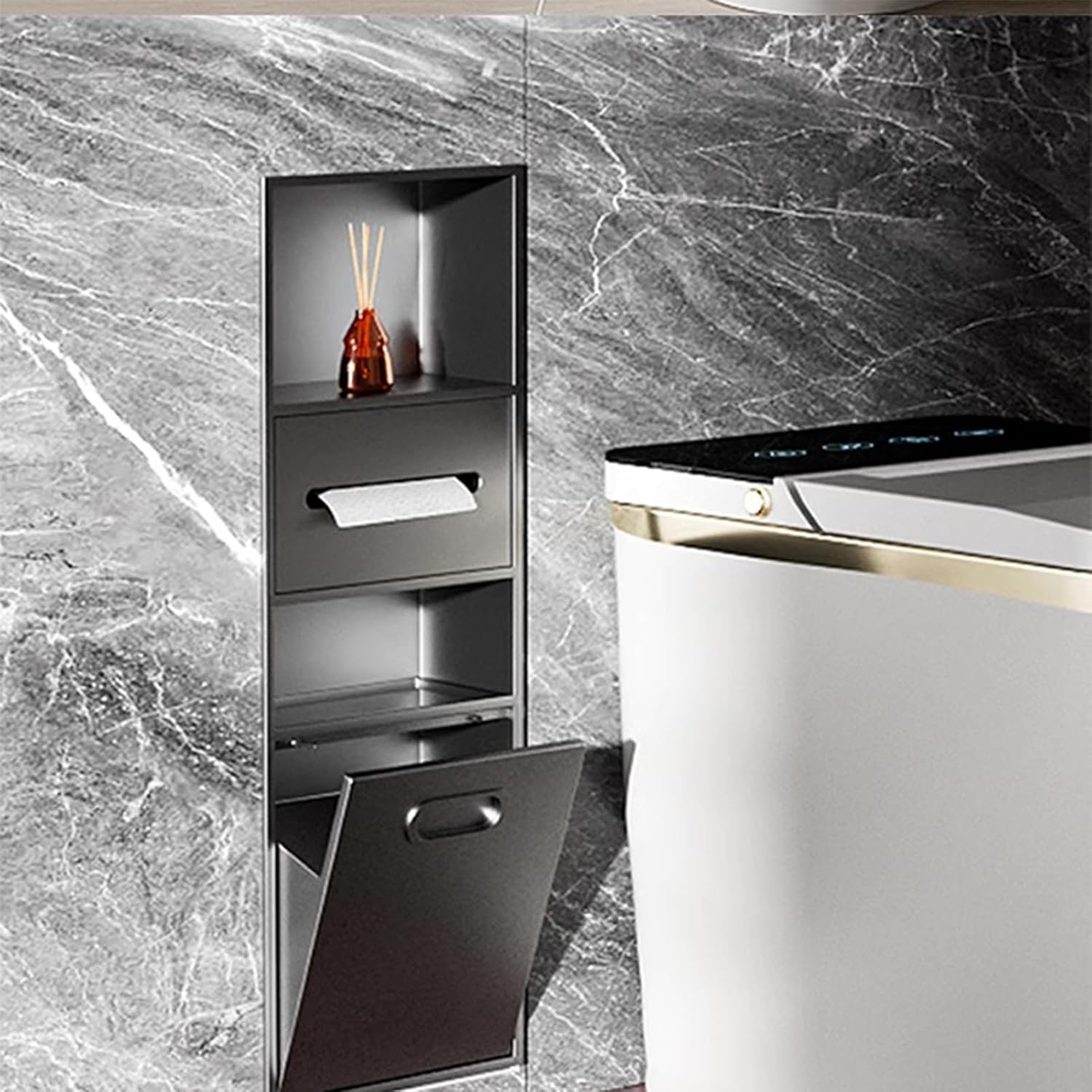 Toilet Paper Trash Can Holder Organizer Shower Shelf - Recessed Stainless Steel Niches for Living Room Kitchen Bathroom - Roll Paper Holder