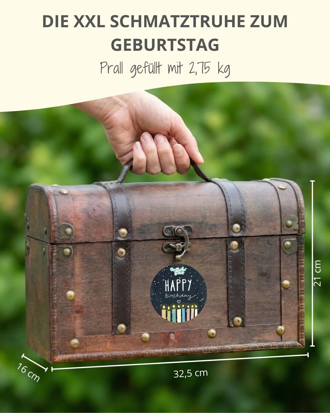 Schmatztruhe Happy Birthday – Geschenktruhe mit kunterbuntem Süßigkeiten-Inhalt, tolle Geschenk-Idee zum Geburtstag