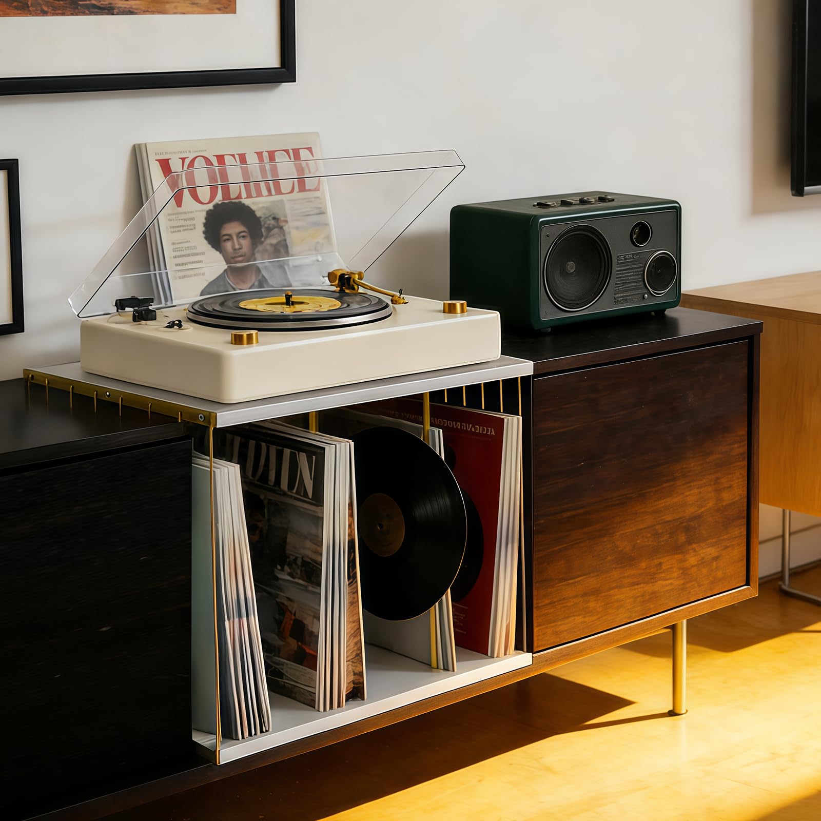 Soporte de almacenamiento de discos de vinilo, estante de discos de vinilo de metal y madera de hasta 80 discos LP, organizador de soporte para tocadiscos para álbumes, revistas, libros