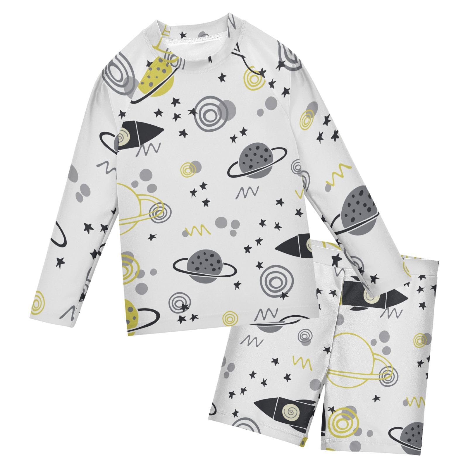 Aflyko Boys' Rash Guard Set Scandinavian Outer Space Crewneck Swim Shirt with Jammer Stretchy Beach Shorts Comfortable Fit Summer Daily Wear, 7-8T Multicoloured