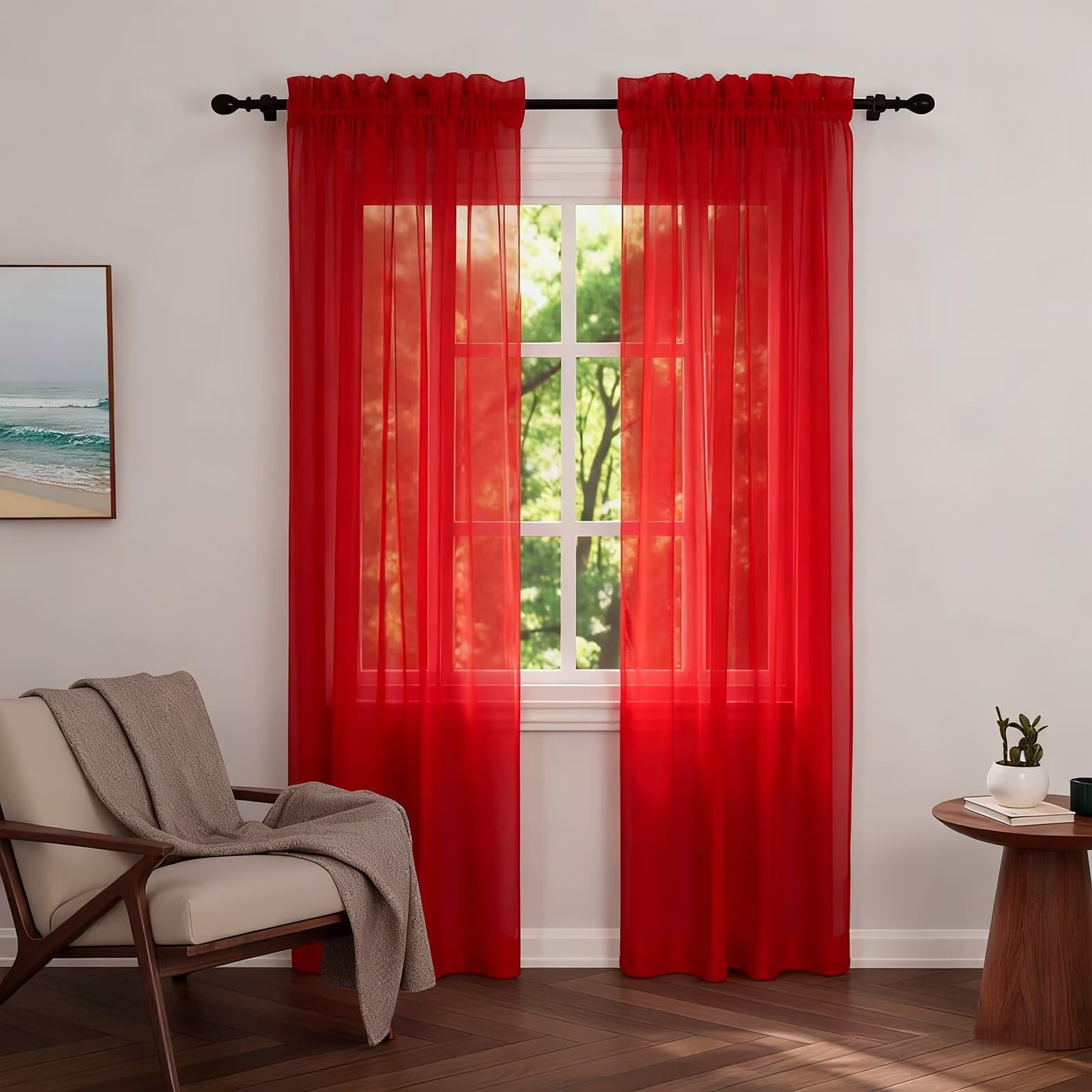 Zdada Net Curtains for Windows 72 Drop, Red Slot Top Voile Curtains, Semi Transparent Sheer Curtain Net Curtain Panel for Living Room Kitcken W60xL72 Inch,2 Panels — image 1