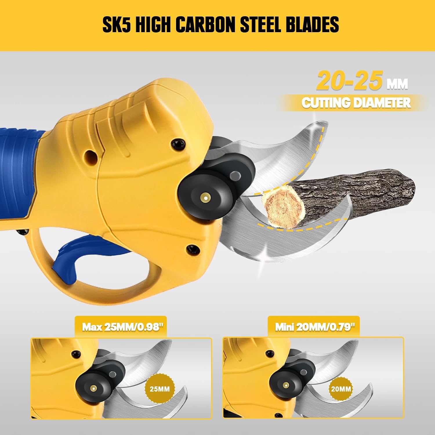 Close-up of SK5 high carbon steel blades cutting a branch