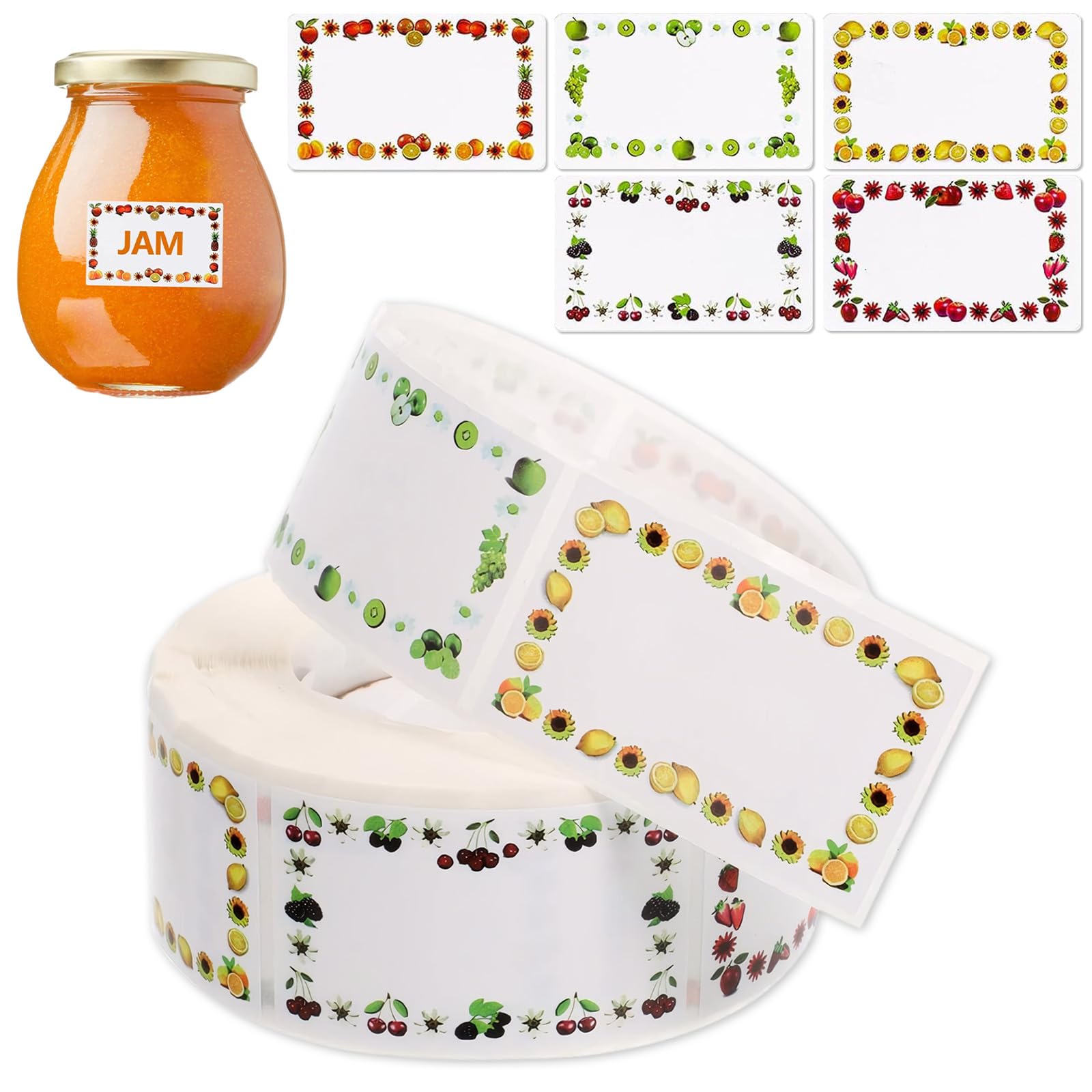 500-Piece Fruit-Themed Adhesive Label Roll – 30x50mm Writable Stickers with 5 Colourful Designs, Ideal for Pantry Organization, Gift Wrapping, and DIY Projects