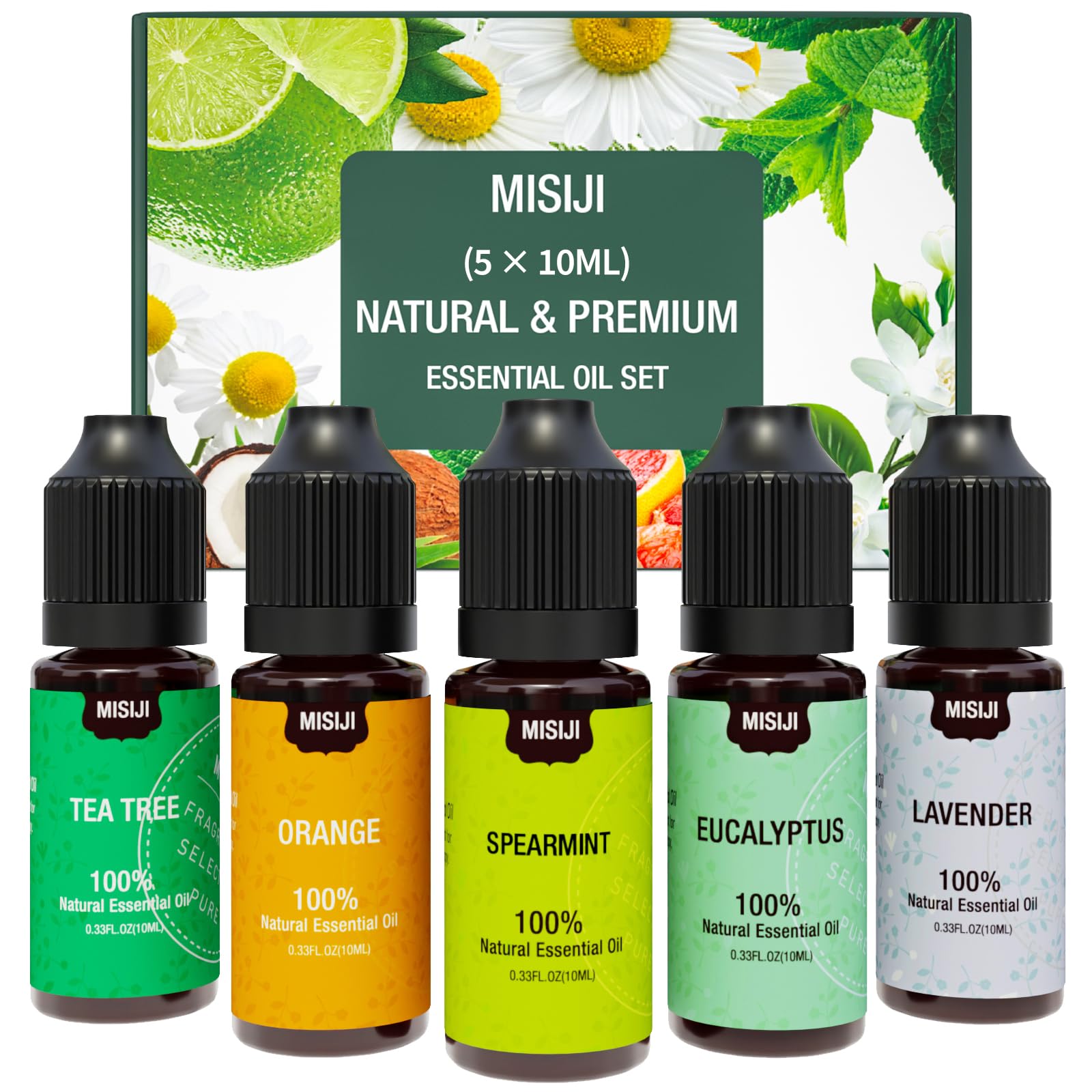 MISIJIEssential Oil Diffuser Set for Home, Lavender, Mint, Tea Tree, Eucalyptus, Orange, 5 X 10ML