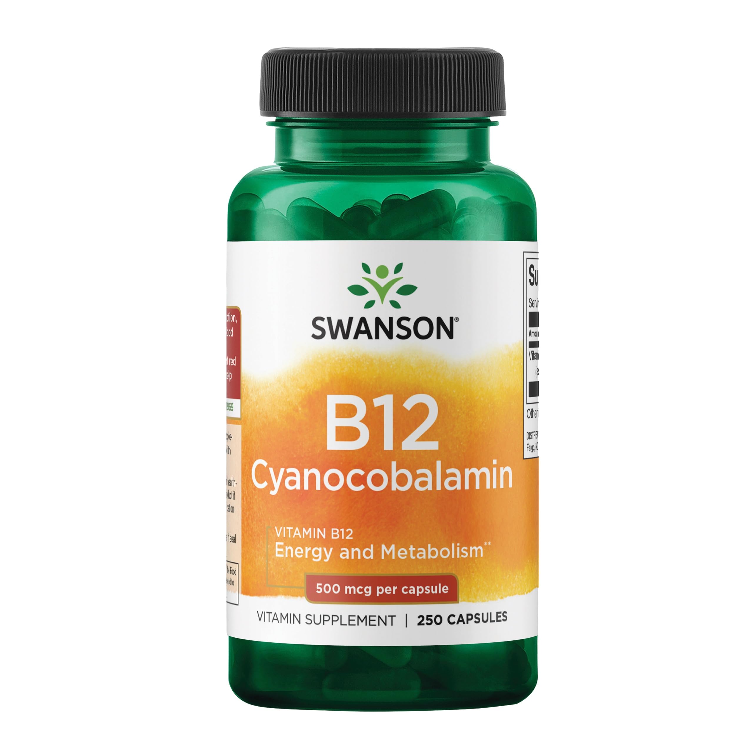 Swanson Vitamin B12 (Cyanocobalamin) - 500mcg Each, 250 Capsules - Energy, Nervous System, and Overall Wellness Support