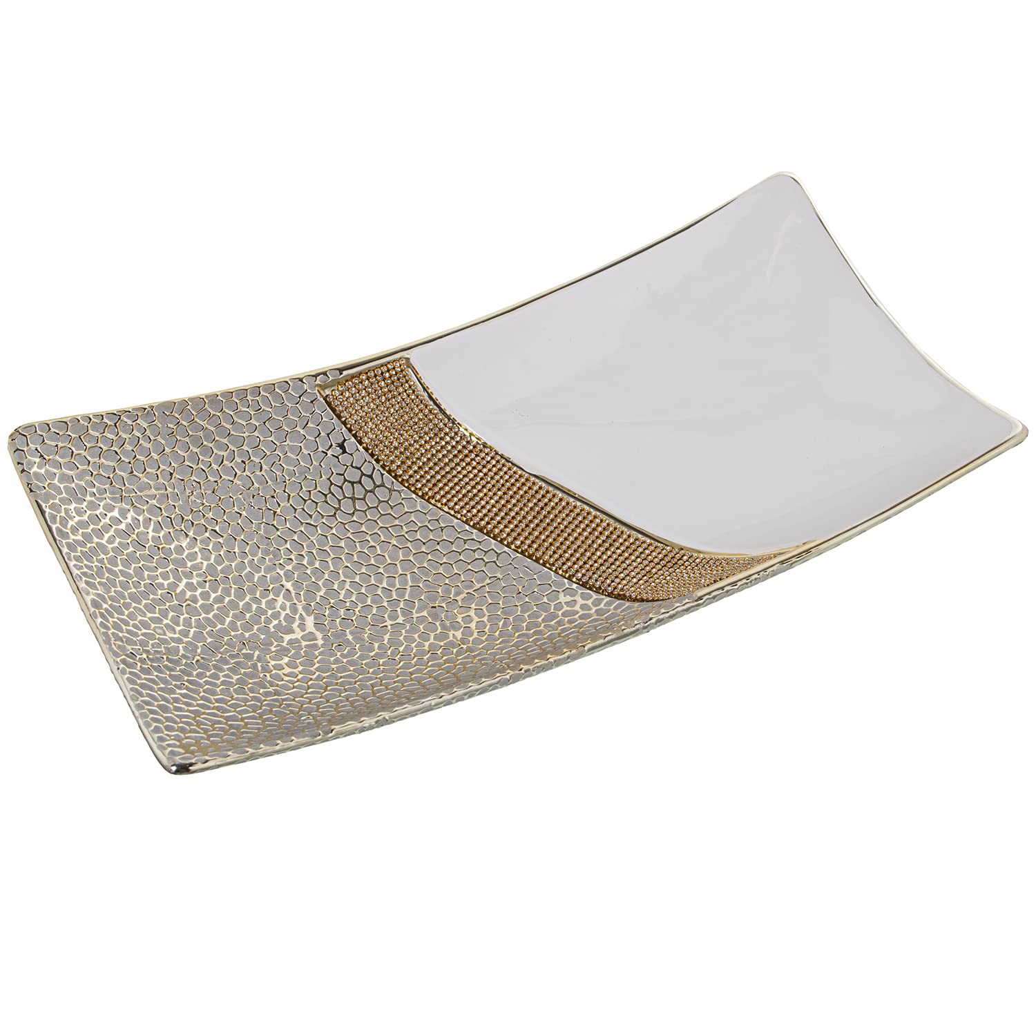 Coupe en céramique blanc argent et paillettes or 40x20cm pour centre de table chic