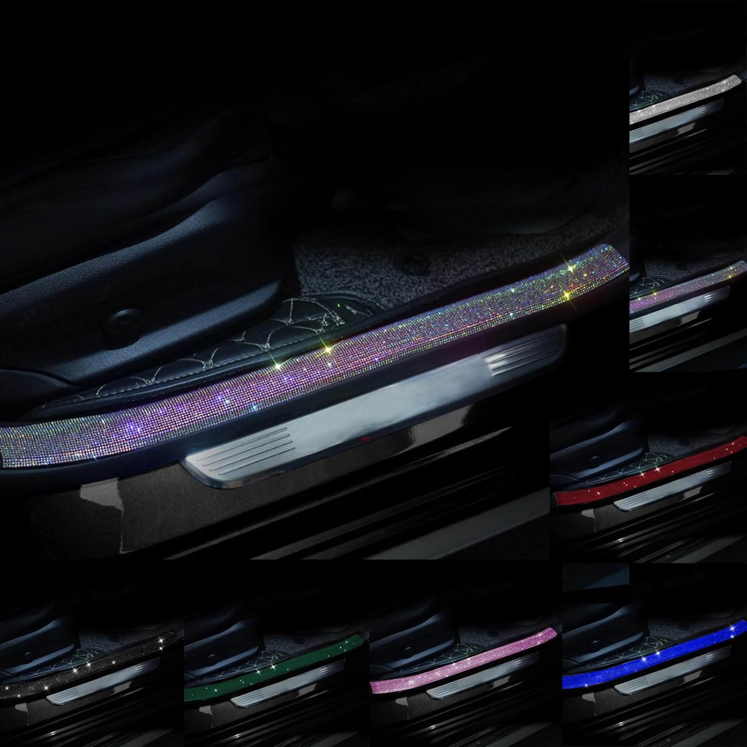 Car Door Sill Protector with Bling Rhinestones 2PCS Edge Guard Scuff Cover Anti-Scratch Strip Sticker for Car 2.75"x23.62" (Colorful)
