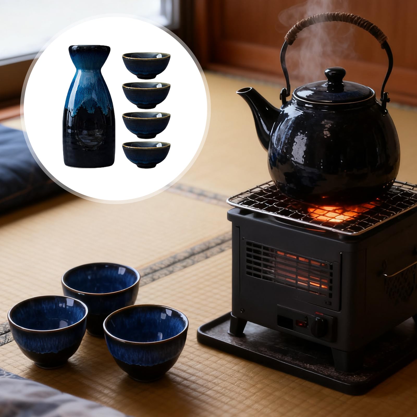 Juego de Sake Japonés de Cerámica, 5 Piezas Sake Set, Sake de Cerámica Japonesa Tradicionales, jarra de sake con 4 tazas de sake, Ideal para el hogar, el salón de té, la oficina y el restaurante