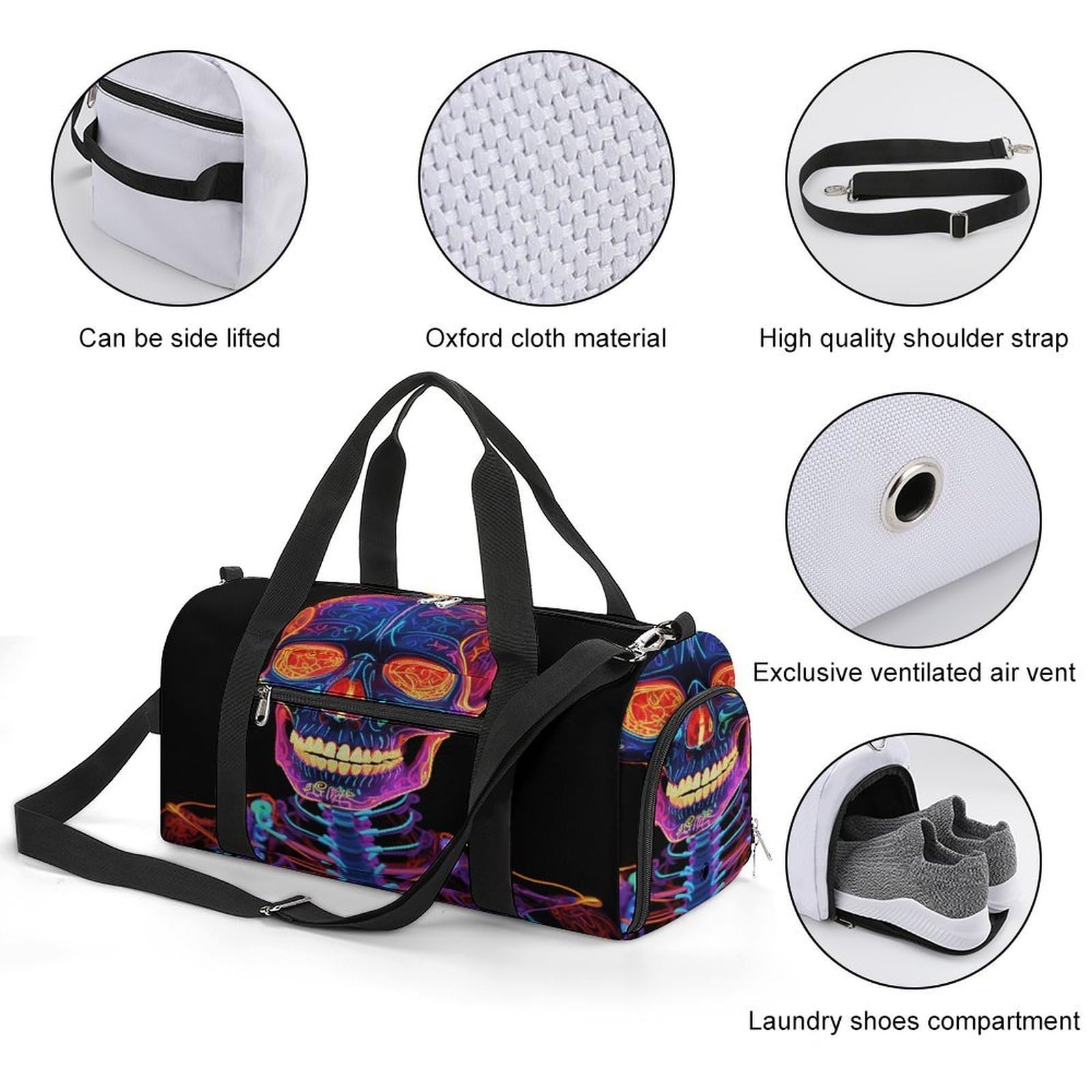 Bolsa de gimnasio ligera con diseño de calavera brillante, bolsa de viaje con compartimento para zapatos, bolsa de gimnasio para mujer, para pasar la noche, fin de semana, yoga, gimnasio, viajes de