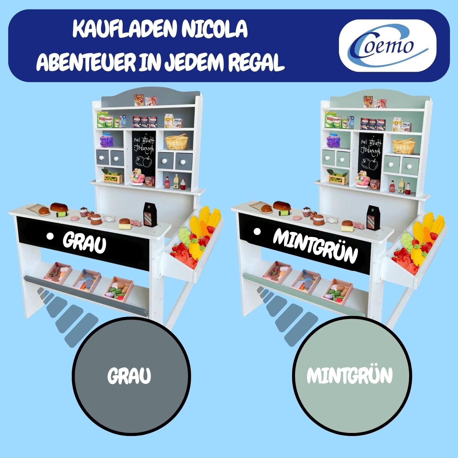 Nicola Magasin de Marchand en Bois pour Enfants - Comptoir de Vente, Tableau, comptoir latéral et tiroir - Vert
