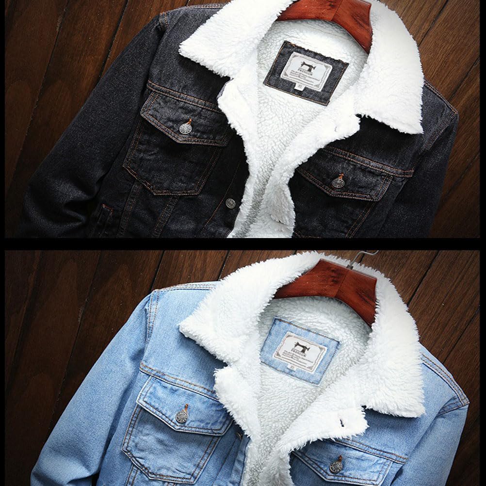 Chaqueta Vaquera Hombre Invierno Cálido Denim Chaqueta Térmico Sherpa Trucker Chaqueta Retro Abrigo Invierno Casual Abrigos Felpa con Bolsillos Chaqueta Vaquera con Forro