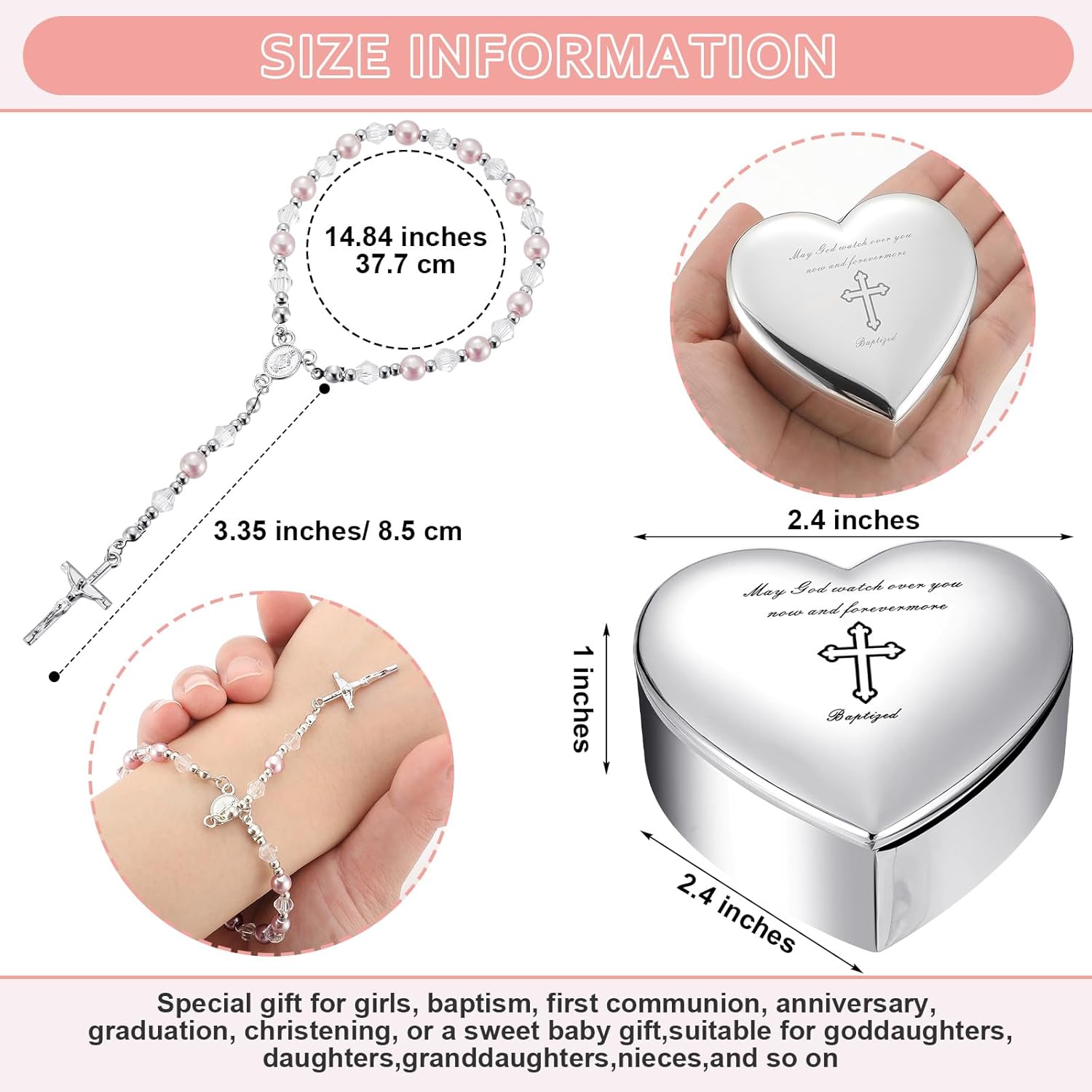 Quelay 2 Pcs Heart Jewelry Keepsake Box and Pink Baby Rosary Baptism Gift, Silver Toned Jewelry Box with Engraved Cross Baby Baptism Gift for Girls Baptism, First Communion, Christening - Image 2