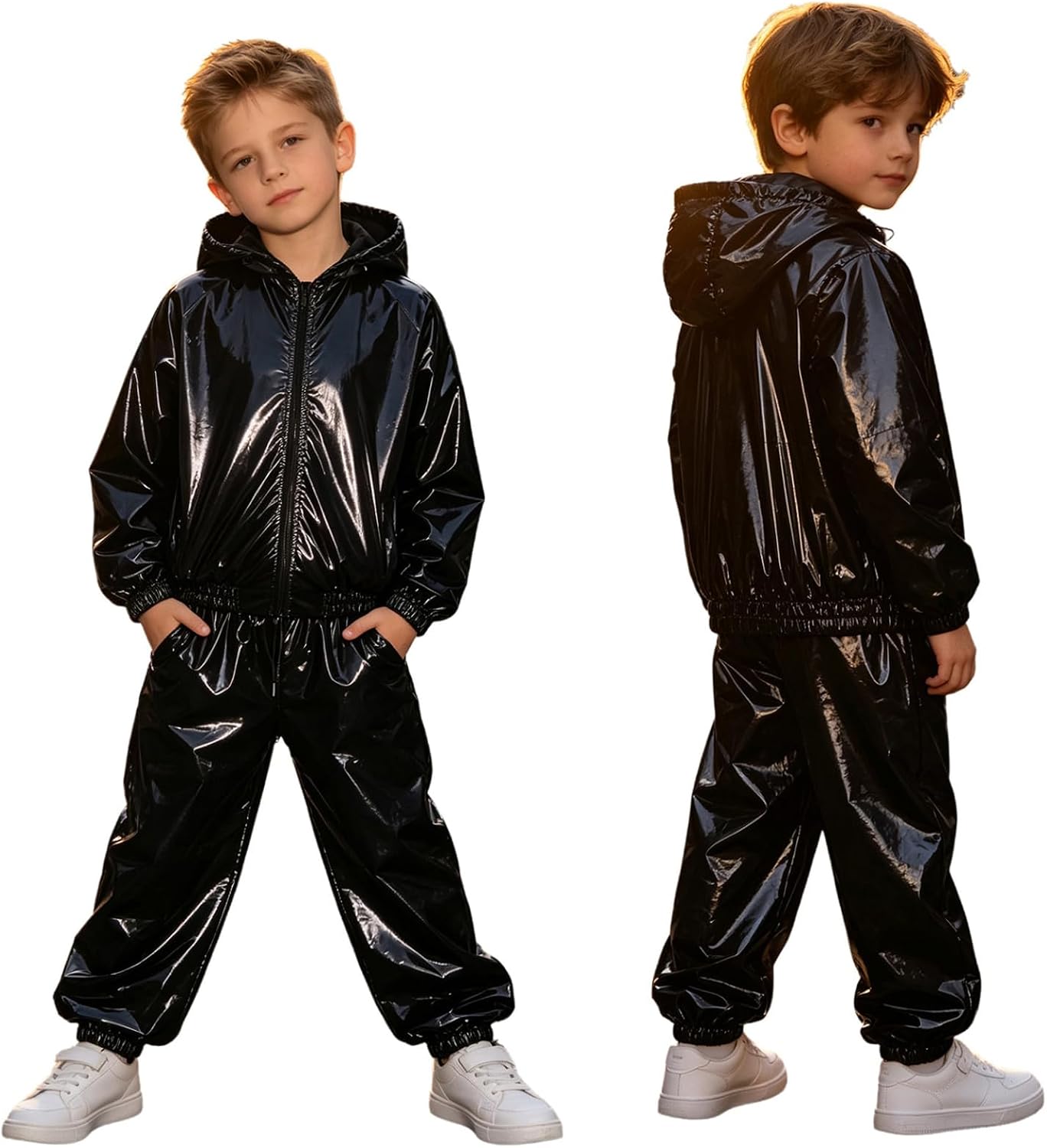 Boys Metallic Hooded Jacket Pants Set Raincoat Set Black 10 Years
