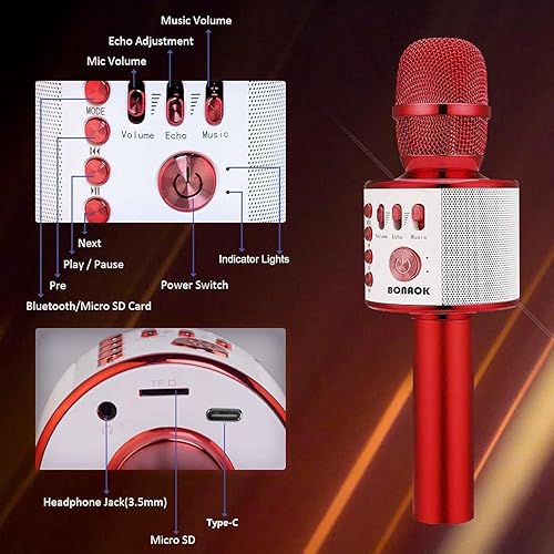 Miniatura 22 de BONAOK Micrófono de karaoke para niños, micrófono inalámbrico Bluetooth para cantar, regalo para niños, adultos, niñas, niños, juguetes de Navidad