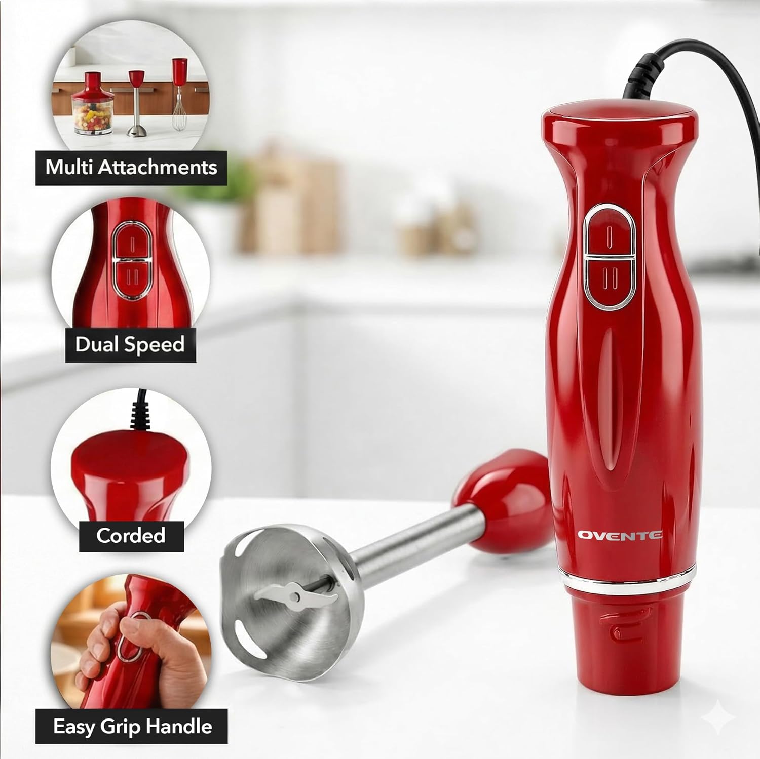 OVENTE Immersion Hand Blender Set, 300W Corded Electric Handheld Stick Mixer, 2 Mixing Speeds with Stainless Steel Blades, Egg Whisk, Beaker & BPA-Free Food Chopper, Red HS565R