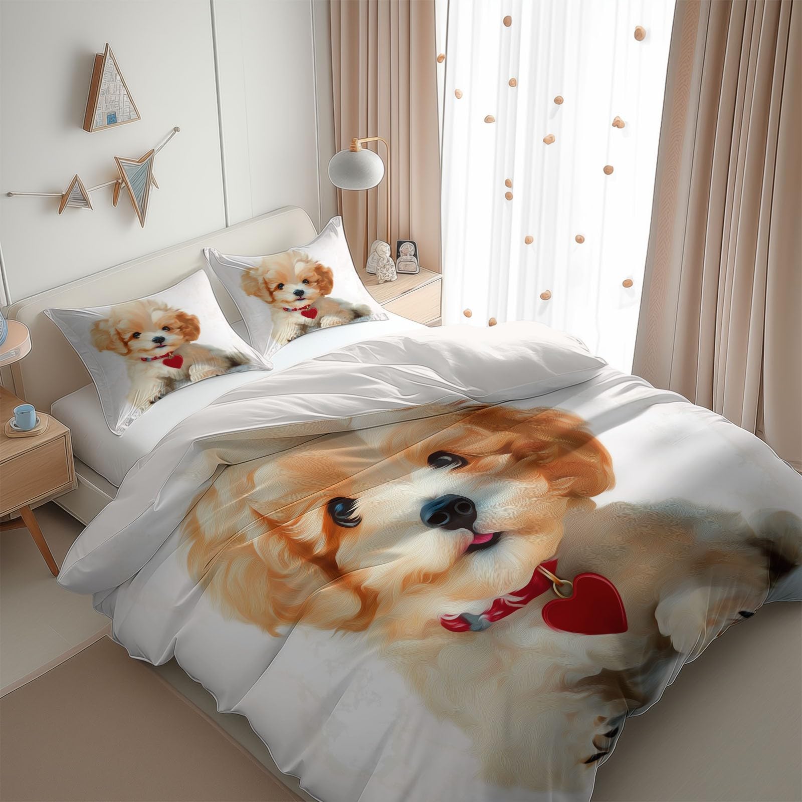 White Duvet Cover Queen Size for Kids Teen Animal Golden Puppy Print Bedding Sets with 2 Pillowcase, Reversible Super Soft Bedroom Decor Bed Cover 3 Piece for Boys Girls