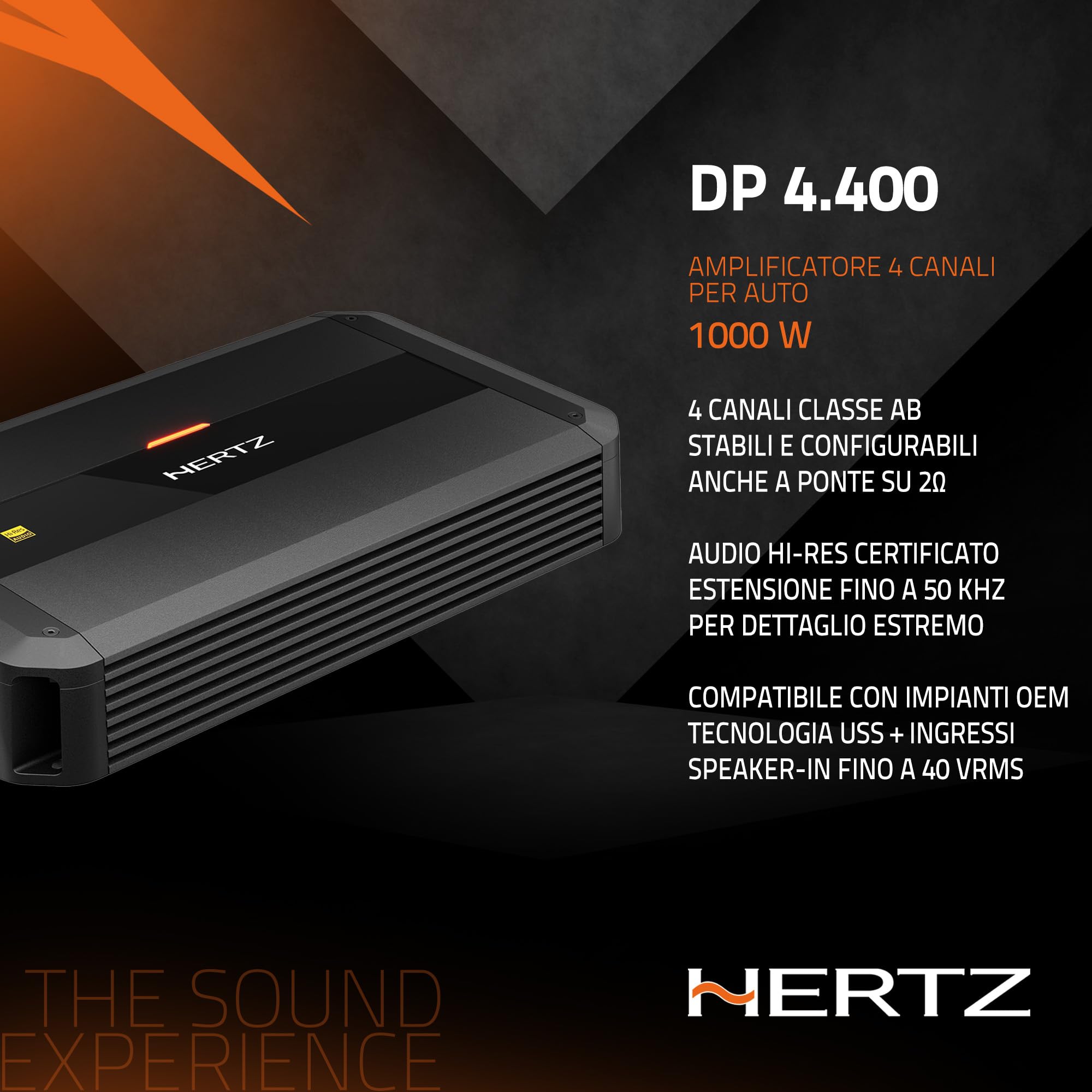 Hertz Dieci Power DP 4.400 amplificatore 4 canali 4x105W a 2 Ohm | classe AB, THD 0,01%, S/N 101 dB, crossover regolabile, ingressi alto e basso livello, bass boost regolabile