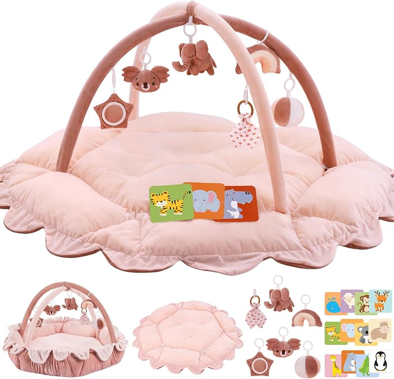 Gimnasio de juegos para bebés de felpa 5 en 1, colchoneta de actividades con gimnasio convertible, gimnasio para bebés con 6 juguetes sensoriales, centro de juegos para recién nacidos y niños pequeños, rosa