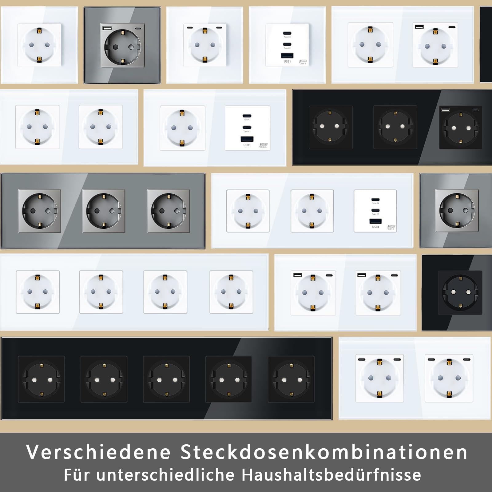 TAWOIA Enchufe Schuko, estándar de la UE de 2 enchufes, de cristal, empotrable, con placa de cristal, doble pared, color blanco, 86 x 157 mm, paquete de 6 unidades