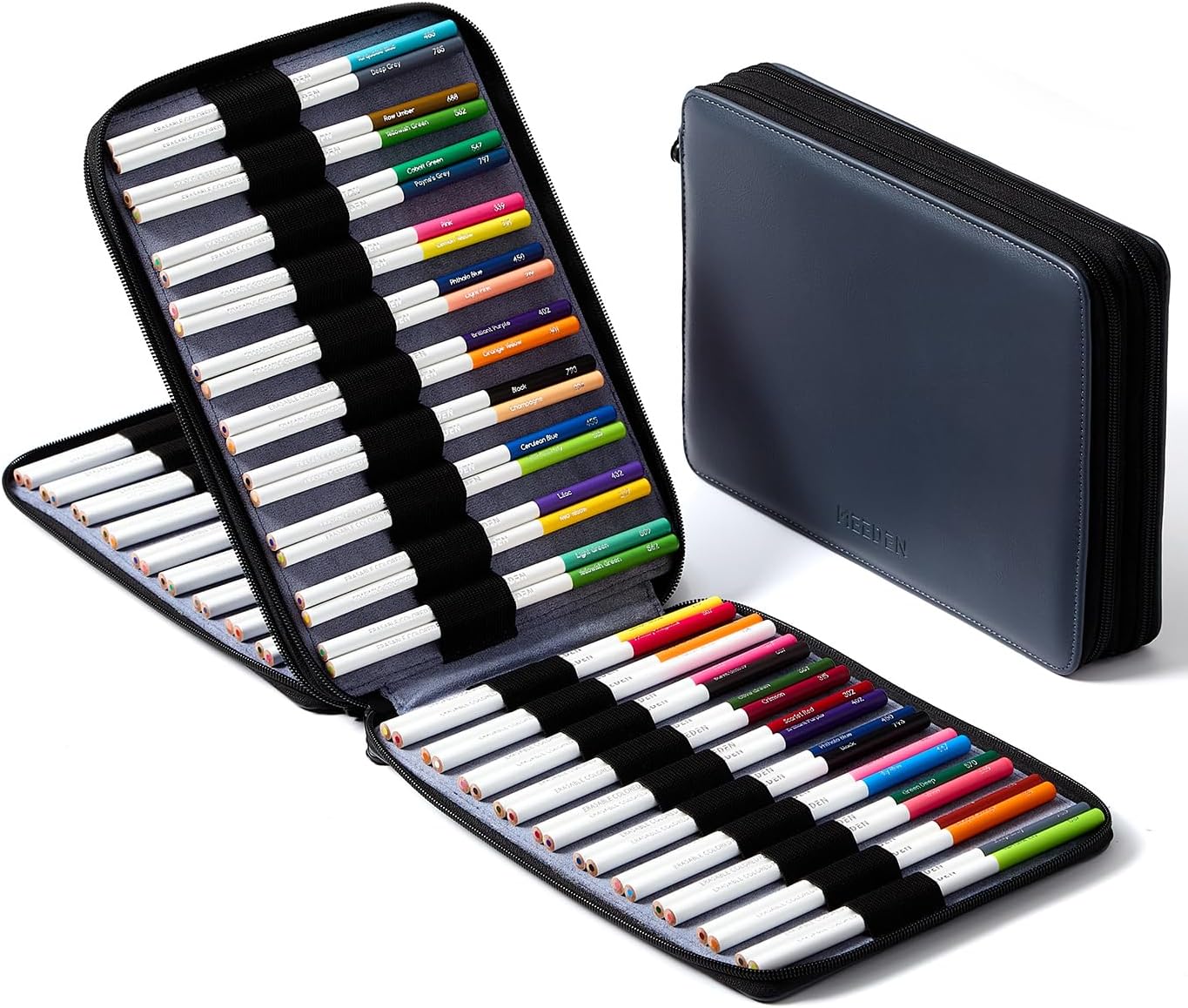 MEEDEN Pencil Marker Organizer Case: Premium PU Leather Zipper Pouch Lined with Silky Velvet - Large Capacity Pen Bag Supplies for Men & Artists – Slate Gray