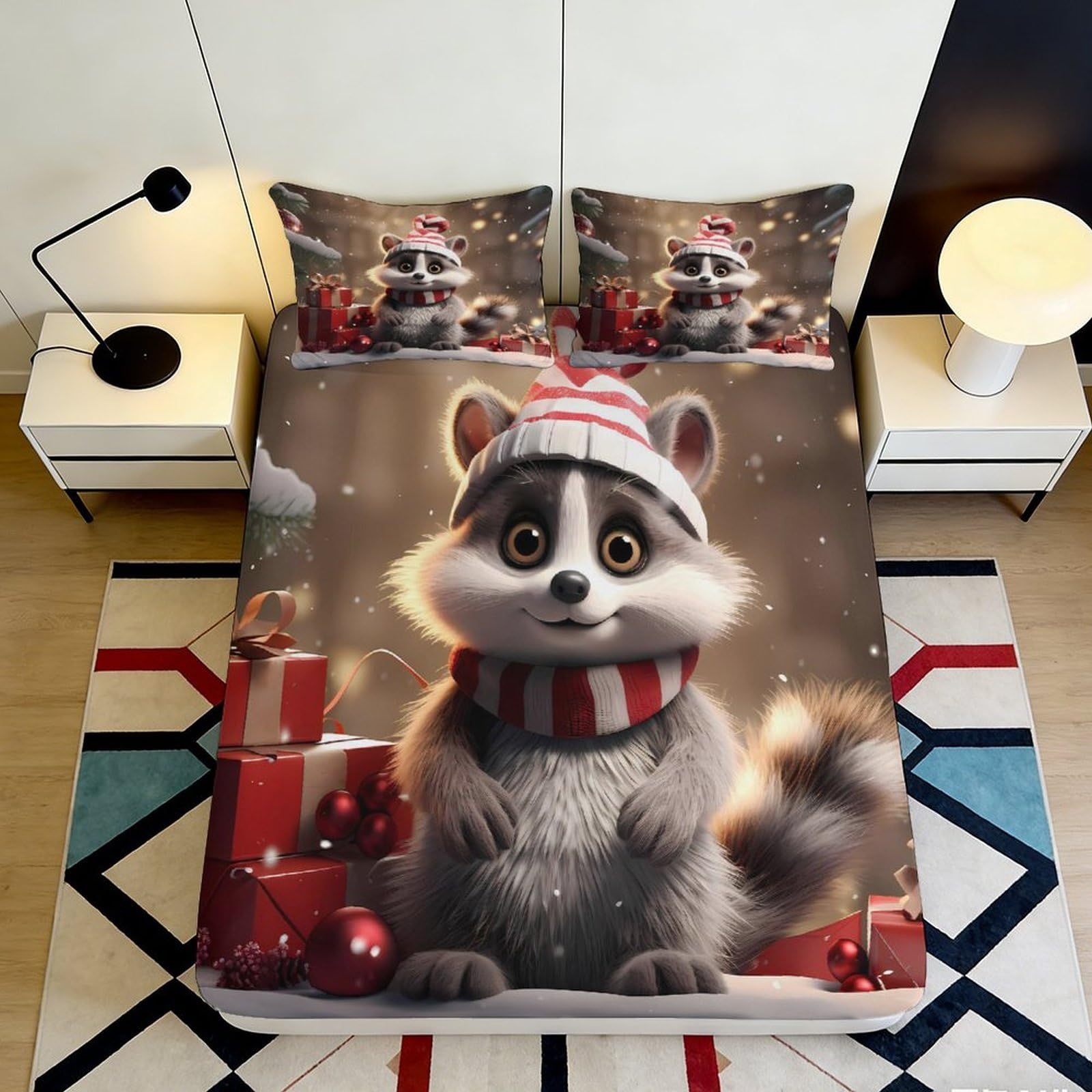 3D Printed Christmas Raccoon Fitted Sheet Microfiber Deep Pocket Non-Slip Bedding Set Christmas Raccoon Mattress Fitted Cover for Adults Teens Washable 120x200x25cm