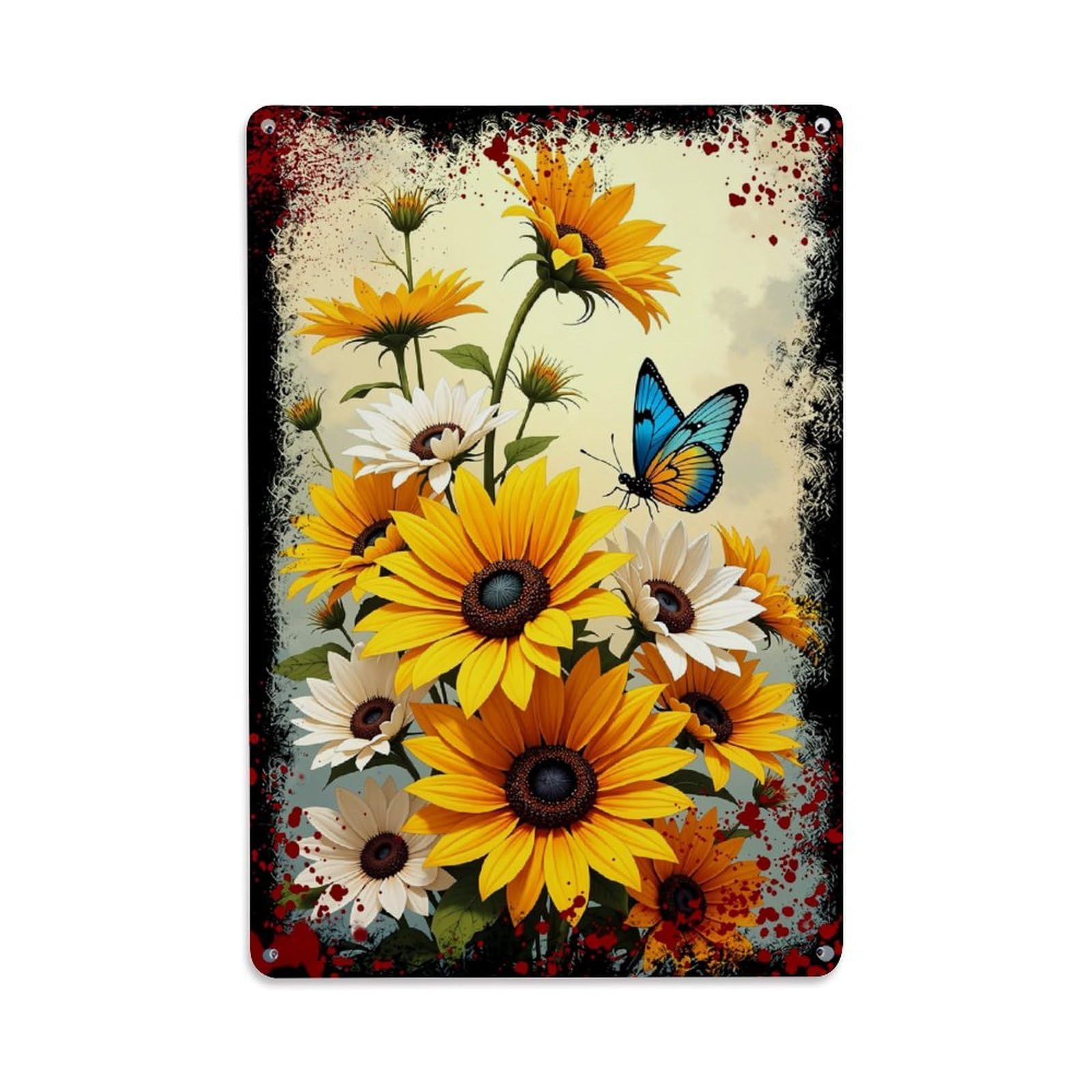 Jdfenggu Vintage Sunflower Butterfly Floral Pattern Art Retro Metal Tin Sign, Decor Art Poster For Bar, Home, Man Cave, Kitchen, Laundry Room Gift 8X12inch