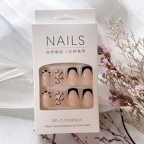 Miniatura 3 de Uñas postizas a presión de punta francesa negra, uñas postizas cuadradas medianas, uñas acrílicas color rosa nude, cobertura completa, uñas