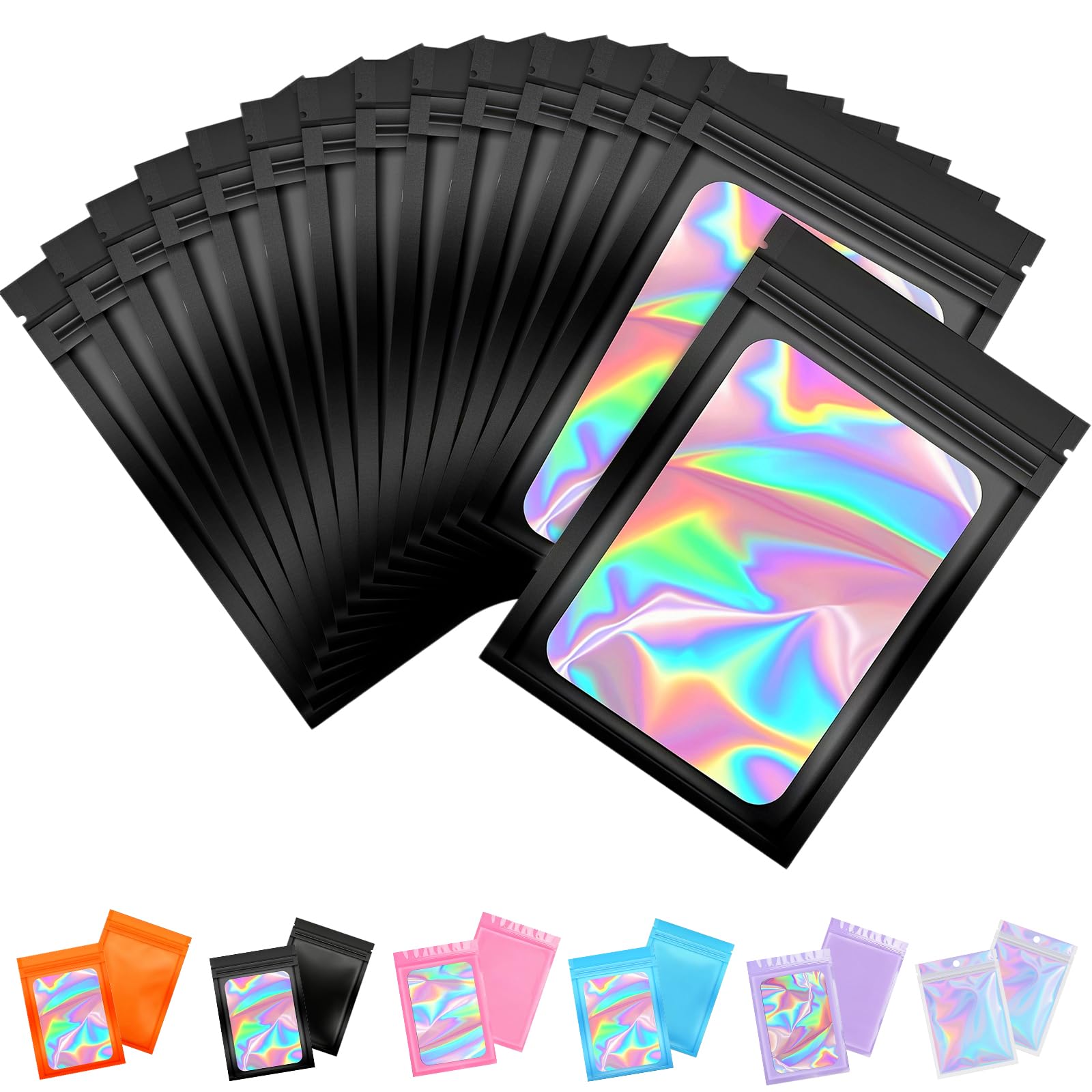 50pcs Holographic Mylar Bags 12x20cm - Orange Smell Proof Resealable Sweet Pouches for Lipgloss, Jewelry, Eyelash, Food Storage With Gift Grip Foil Ziplock