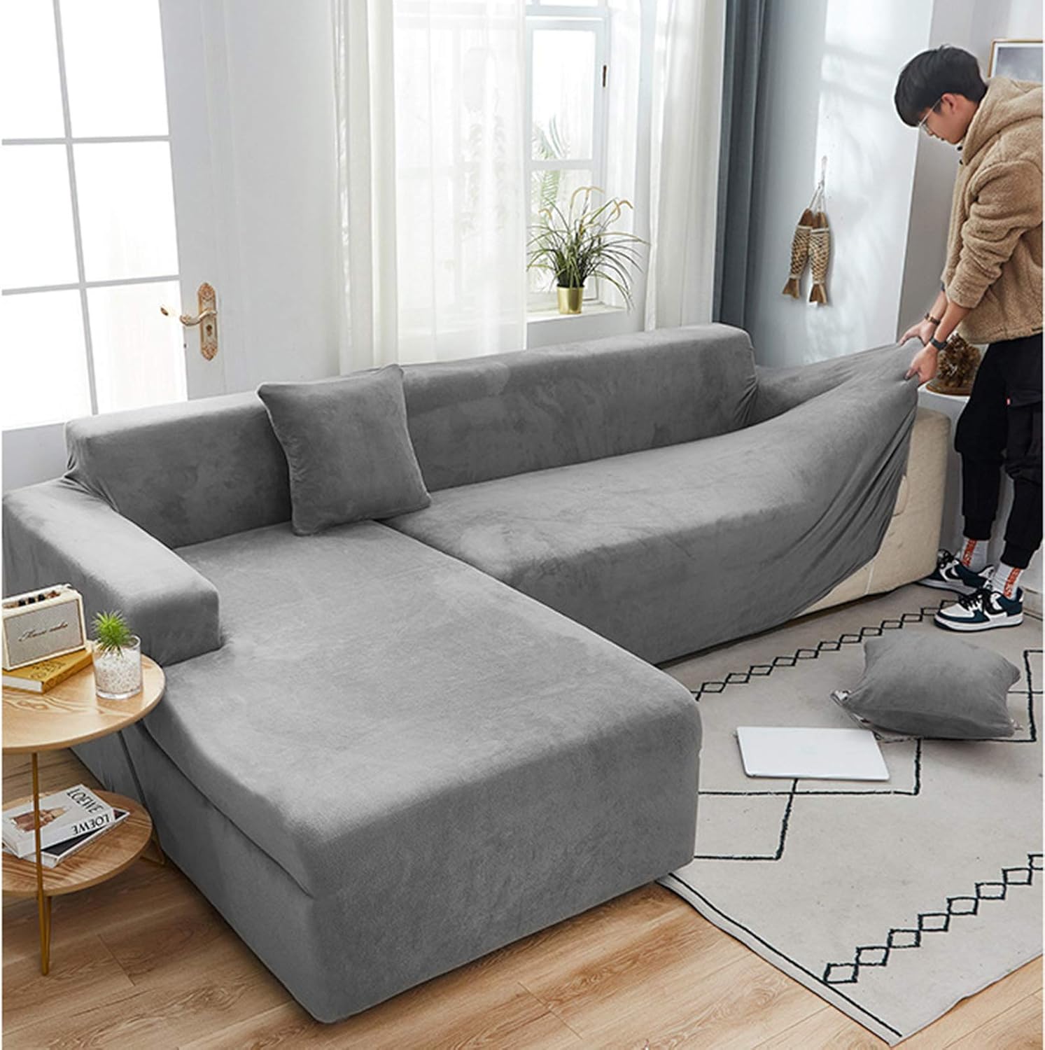 L Shaped Velvet Sofa Cover,Sectional Stretch Chaise Lounge Covers Pet Sofa Covers Anti Wrinkle Sofa Slipcover (Green 4) (Rose Red 1)