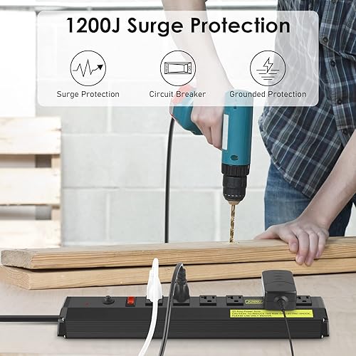 Miniatura 5 de JUNNUJ Regleta de alimentación de metal resistente de 20 amperios, protector de sobretensiones de alto amperio, 6 tomacorrientes, tiras de