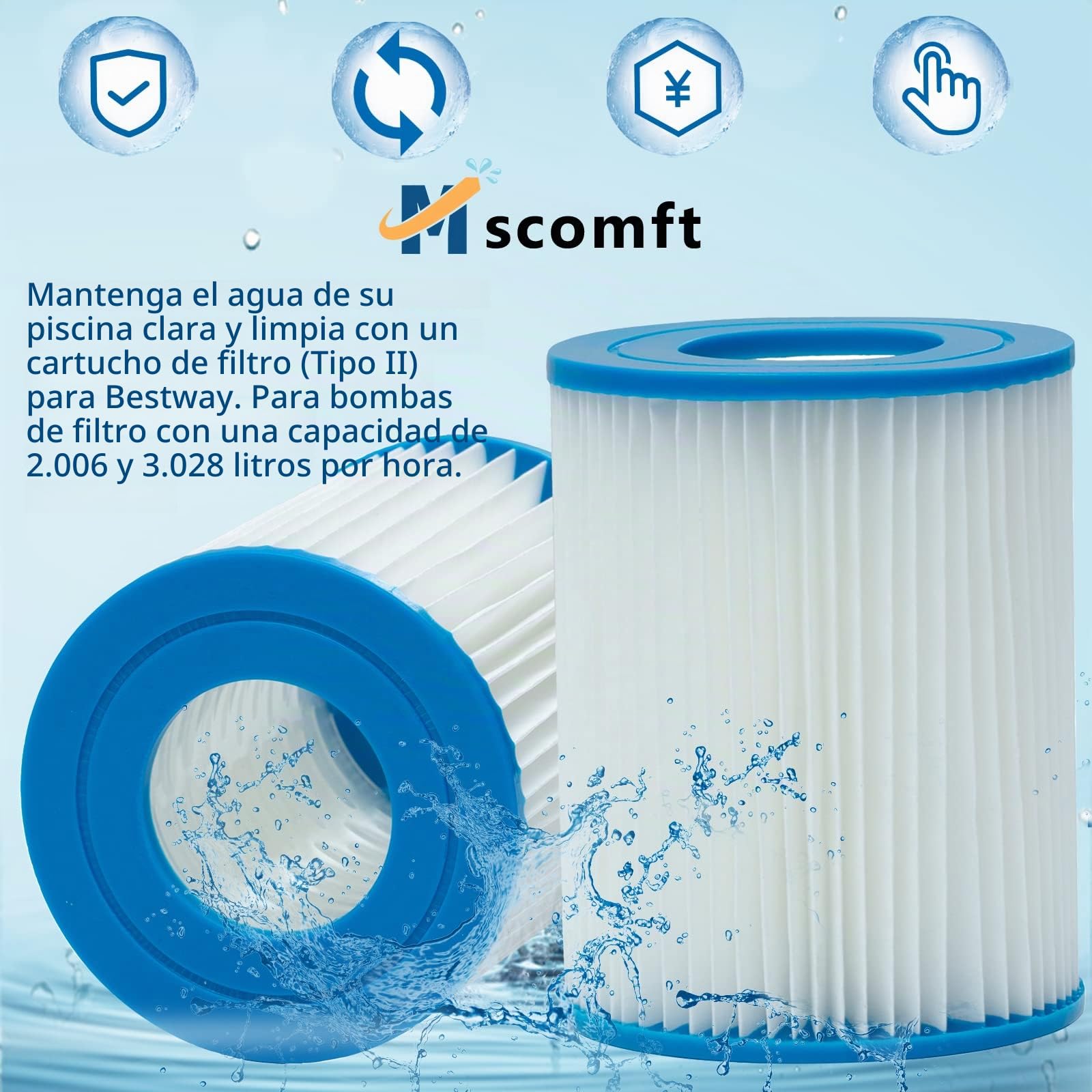 2/4 Cartuchos de Filtro para Piscina Tipo II, Aptos para Bestway 58094, para Bestway filtros 530/800 GAL/h (4 PCS)