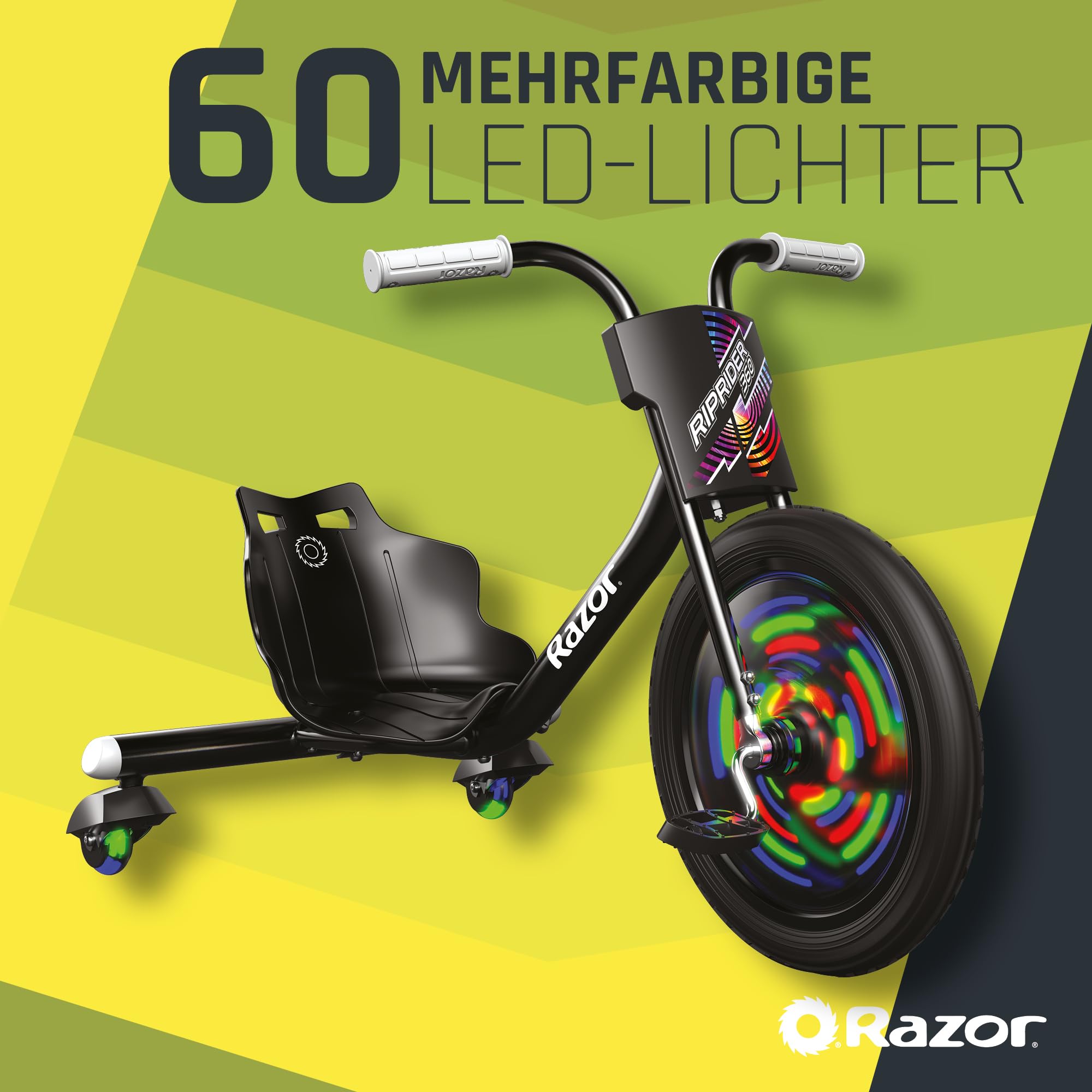 Razor RipRider 360 Lightshow -Trike mit hinteren Rollen und mit bewegungsaktivierten mehrfarbigen Lichtern, Drifting Ride auf 3 Rädern - für Kinder ab 5 Jahren